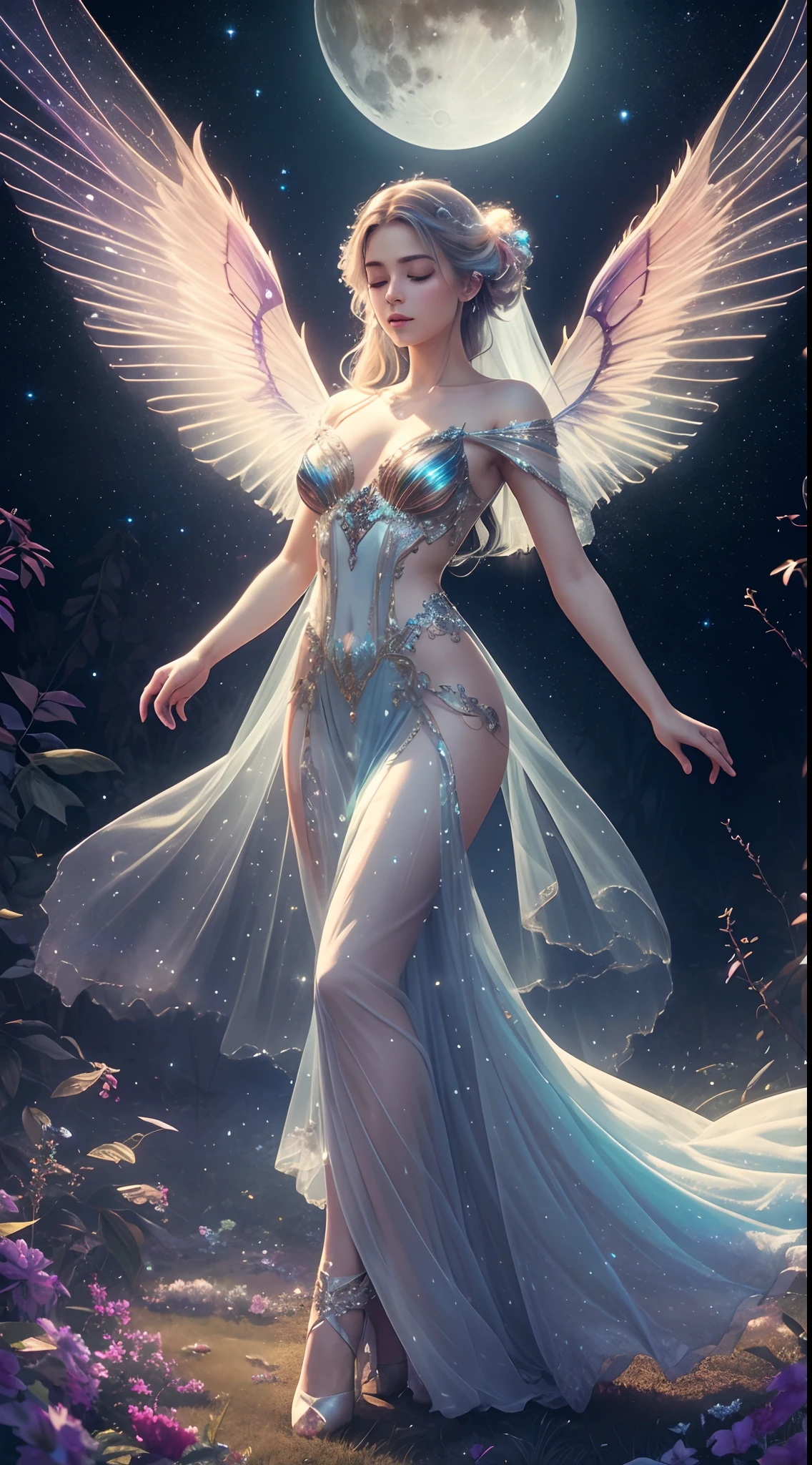(best quality,4k,8k,highres,masterpiece:1.2),ultra-detailed,(realistic,photorealistic,photo-realistic:1.37),fantasy,surreal,beautiful detailed wings,enchanted atmosphere,glowing,magical night,flying,ethereal beauty,glittering stars,dreamlike,serene,[nature],[astronomy],[fantasy creatures],[mysterious],[night sky],[moonlight],[soft glow],[luminous],mystical,peaceful,otherworldly,graceful motion,[moon],[milky way],[twinkling lights],[fairies],whimsical,celestial beings,enchanted forest,harmonious,pastel colors,luminosity,dancing in the sky,glittering dust,celestial,celestial bodies,lush foliage,majestic,celestial bodies,enchanted world,lunar magic,hazy atmosphere,illuminated,gossamer wings,illumination,shimmering,multicolored wings,dynamic composition
