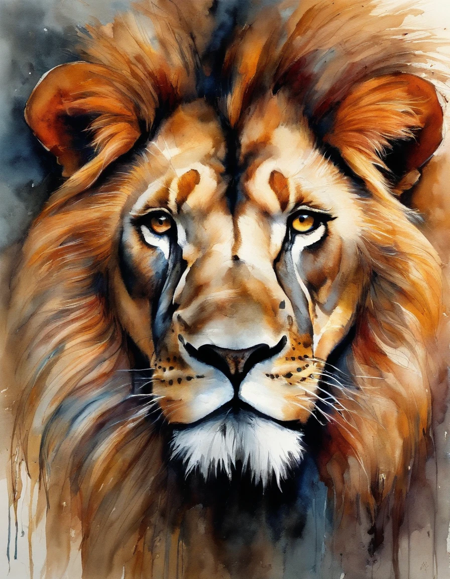 leon vista al frente, boceto con lineas gruesas y finas, colores vibrantes, dramatic illumination, pelo detallado y textura del pelaje, Intense look in the lion's eyes, Attention to muscles and realistic facial expression, detalle extremo en el hocico y los colmillos, impresionante manejo de sombras y luces, Mysterious and atmospheric atmosphere, escala de negros y grises sutiles en el fondo, estilo de arte impactante y llamativo, detalle meticuloso en los paisajes circundantes, Warm colors juxtaposed with cool tones, Dynamic perspective to convey the majesty of the lion.