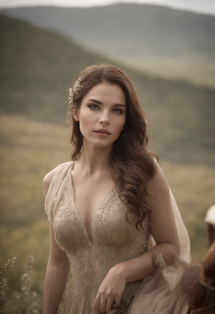 Centauros femininos, Cavalo da mulher, Centauro, An incredible image of a centaur woman with stunning beauty and powerful strength, in a magical and stunning landscape, brunette, hyper detailed, very detailed, hd, super clear, details of hair and pores