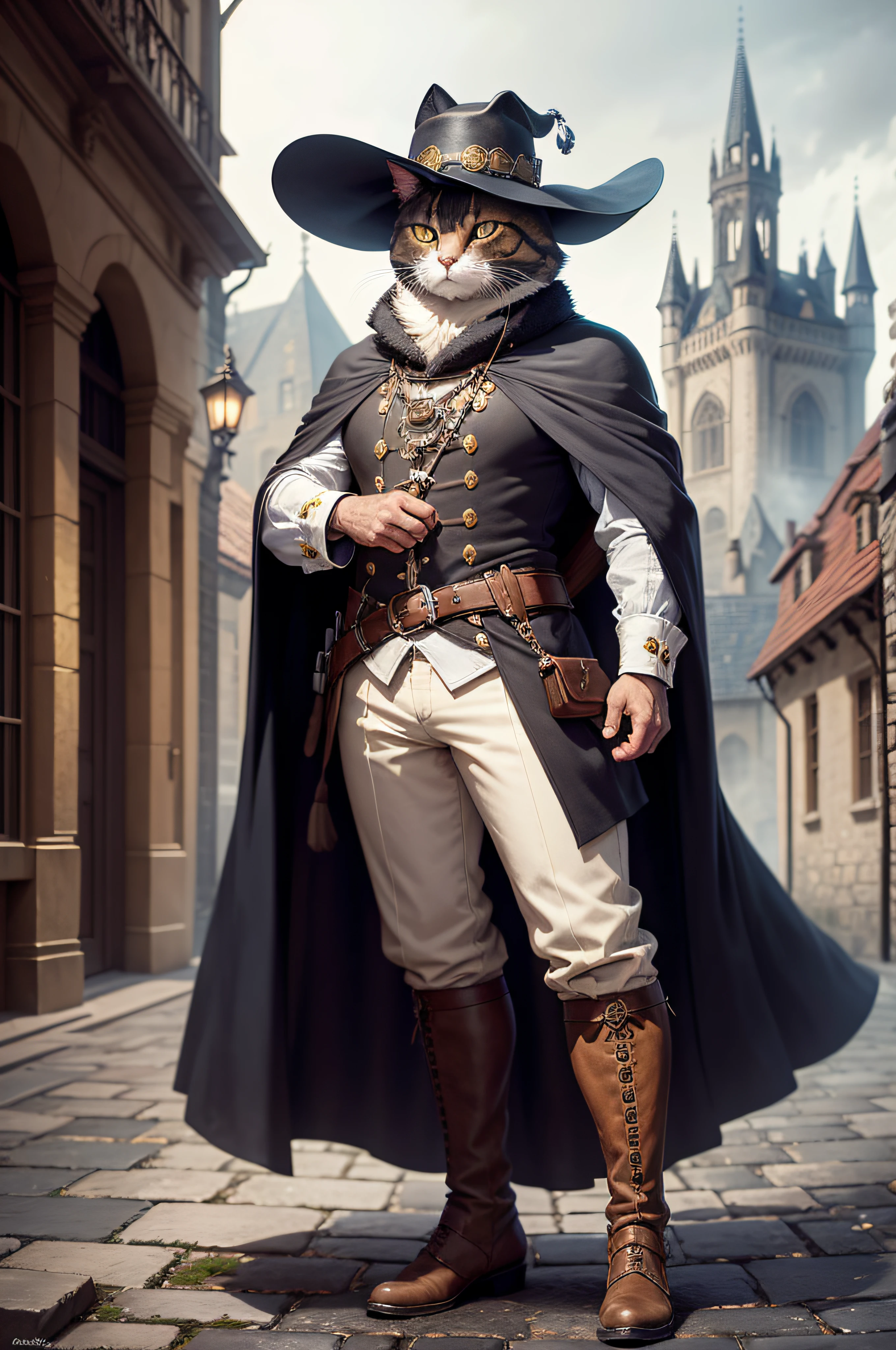 a cat with big, expressive eyes, wearing a pair of stylish boots, a wide-brimmed hat, and a velvet cape, standing proudly on a cobbled street with a medieval castle in the background, surrounded by mist and moonlight; (best quality, highres), (realistic), oil painting, detailed fur texture and whiskers, dramatic lighting, vibrant colors, enchanting ambiance, magical atmosphere