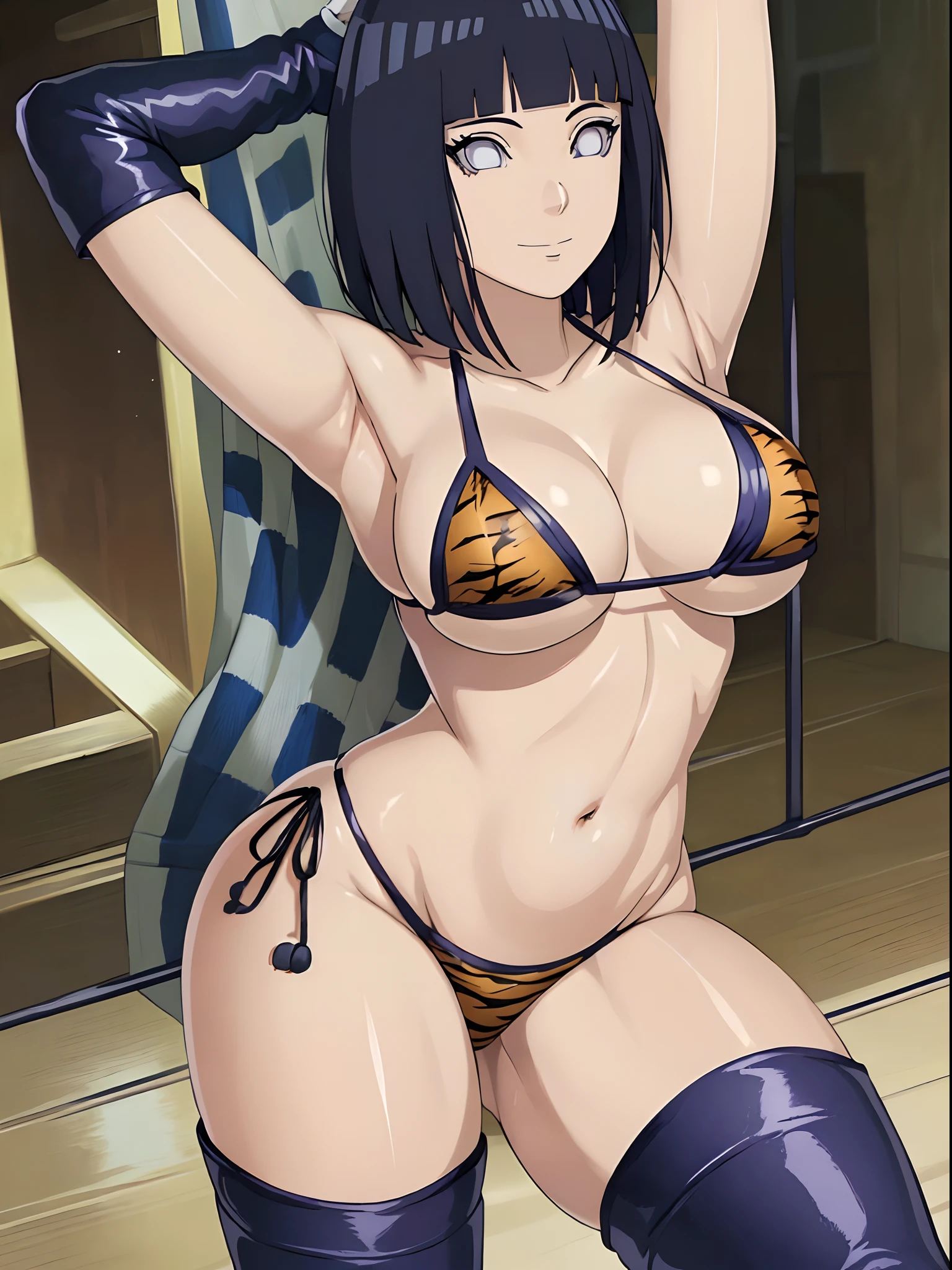 (4k, no angle view, portrait, best quality, cowboy shot), (ultra detailed body, curvy), ((solo, 1 girl)), anime style, hires, ((white background)), (hinata\(boruto\), (female wrestler), (slender body, broad shoulders), (mature woman, milf), (tigress, micro bikini, ultra detailed pro wrestling gear, long gloves, long boots), (extremely gorgeous), (tilt head, seductive look, ((seductive pose, armpit, stretching)), seductive face, seductive expression, (sexy expression), smile, closed mouth), (pale skin, shiny skin, lighting and shadow), (dark blue hair color:1.1), wavy hair, ((short hair, hime cut), big breasts, ((detailed arm curves)), (long belly), (very seductive), (perfect eyes, anime eyes)
