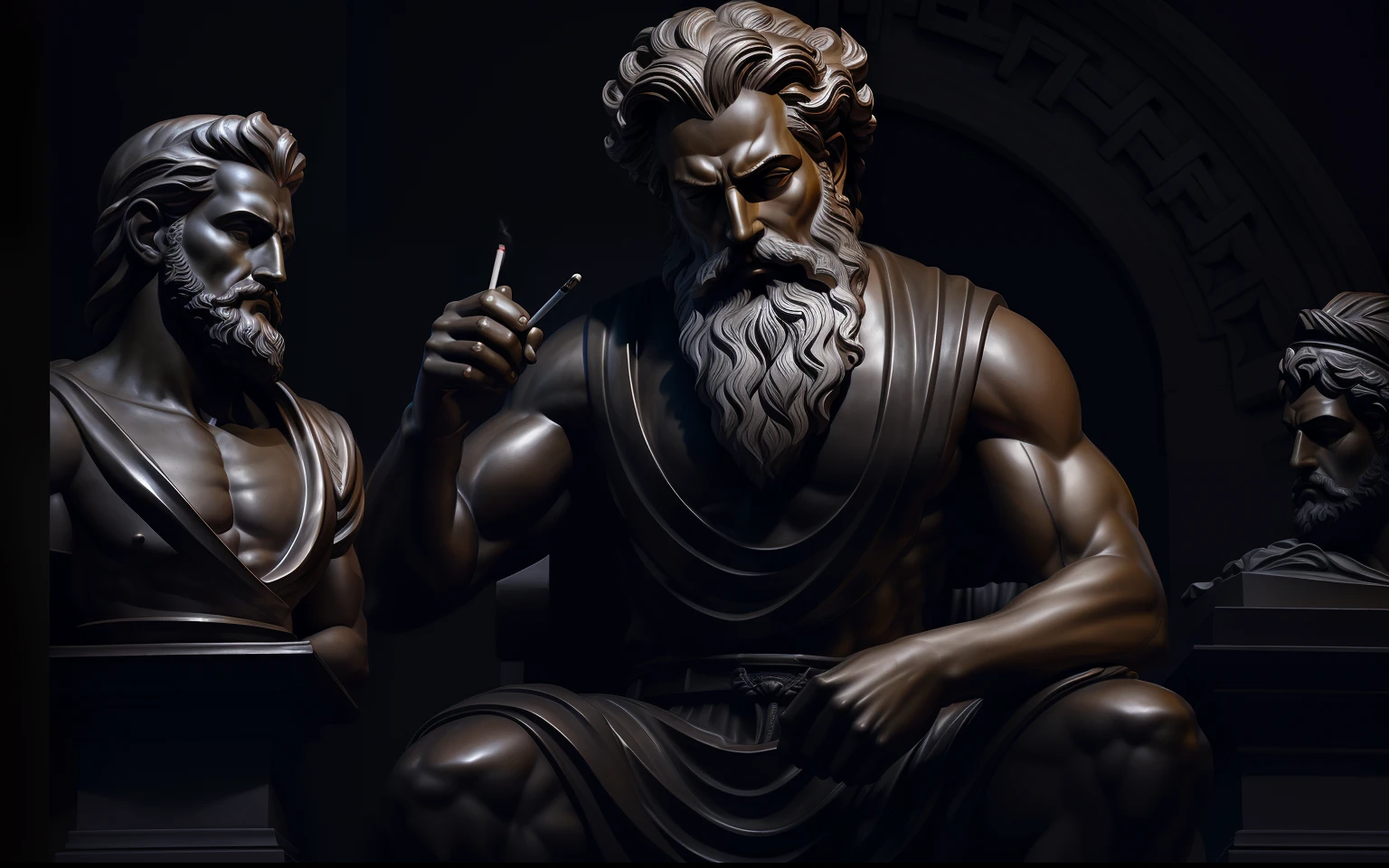 arafed man sitting on a bench with a cigarette in his hand, realistic 8k bernini sculpture, godlike and stoic, father time, classical statue, the god zeus, furious god zeus, bronze statue and silver, portrait of rugged zeus, highly detailed sculpture, philosopher, statue of zeus, classical sculpture, portrait of zeus, an ancient greek statue