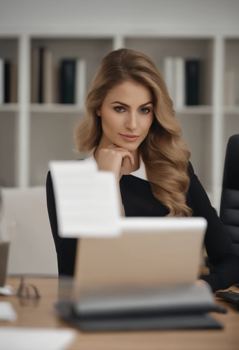 profissional, (4K Photo:1.1), High detail, wearing black business dress, Rosto bonito e detalhado, hazelnut eyes, not too long blonde hair, Forma do corpo, office boardroom with work desk, Windows