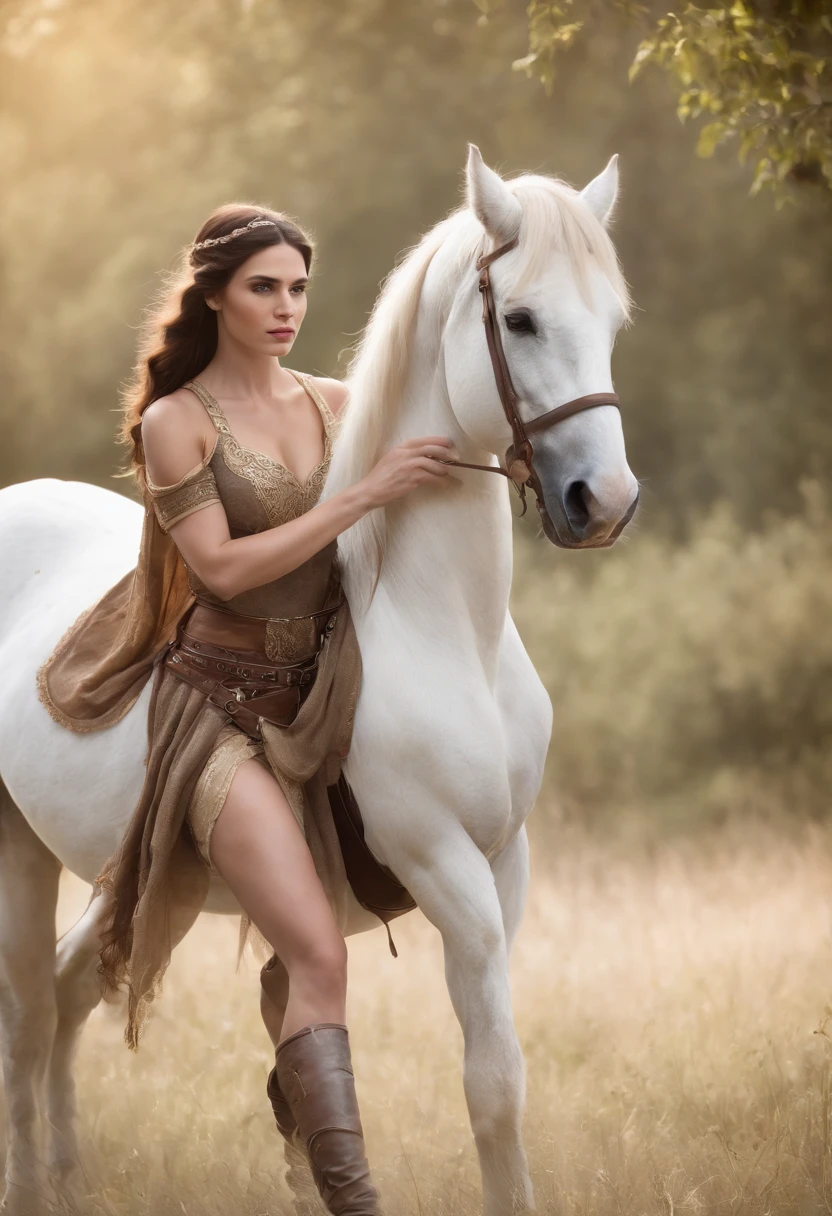 Centauros femininos, Cavalo da mulher, Centauro, An incredible image of a centaur woman with stunning beauty and powerful strength, in a magical and stunning landscape, brunette, hyper detailed, very detailed, hd, super clear, details of hair and pores, on a horse, full body, princess looking, very detailed nature behind her