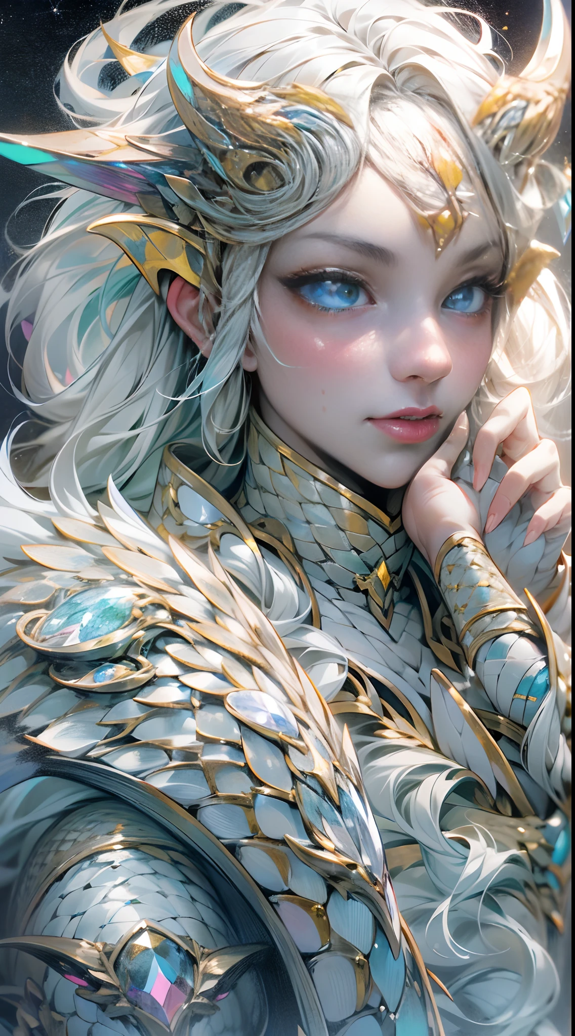 Genera una imagen realista de DrakoStella, A creature unique in appearance. Your body is covered in scales that change color depending on your emotional state and the surrounding light..., Desde el azul, plateado y dorado. DrakoStella's eyes are deep and blue with slit-like pupils similar to those of a dragon...
Esta criatura tiene un largo, Ethereal hair of dazzling white color that floats in the air.. Sus alas, majestuosas y expansivas, parecen estar hechas de cristal iridiscente con patrones intrincados que reflejan los colores del arco iris cuando se despliegan.
Figura humanoide de chica adolescente, fantasy image, 4k, obra maestra digital.