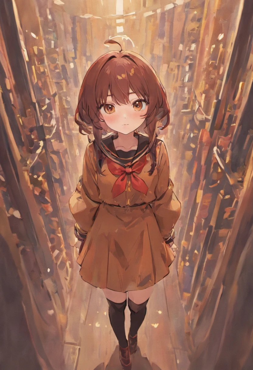 cute girly,Stand up,brown hair,long whitr hair,red color eyes,Beige shirt,Strap dress,Black stockings