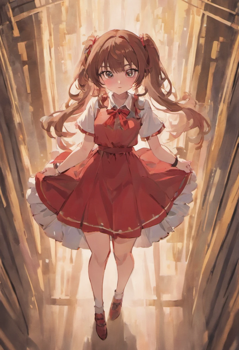 cute girly,Stand up,brown hair,long whitr hair,red color eyes,Beige shirt,Strap dress,Black stockings