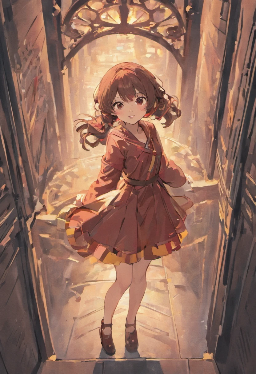 cute girly,Stand up,brown hair,long whitr hair,red color eyes,The shirt,Beige shirt,Strap dress,Blue strap dress,Black stockings,Black leather shoes