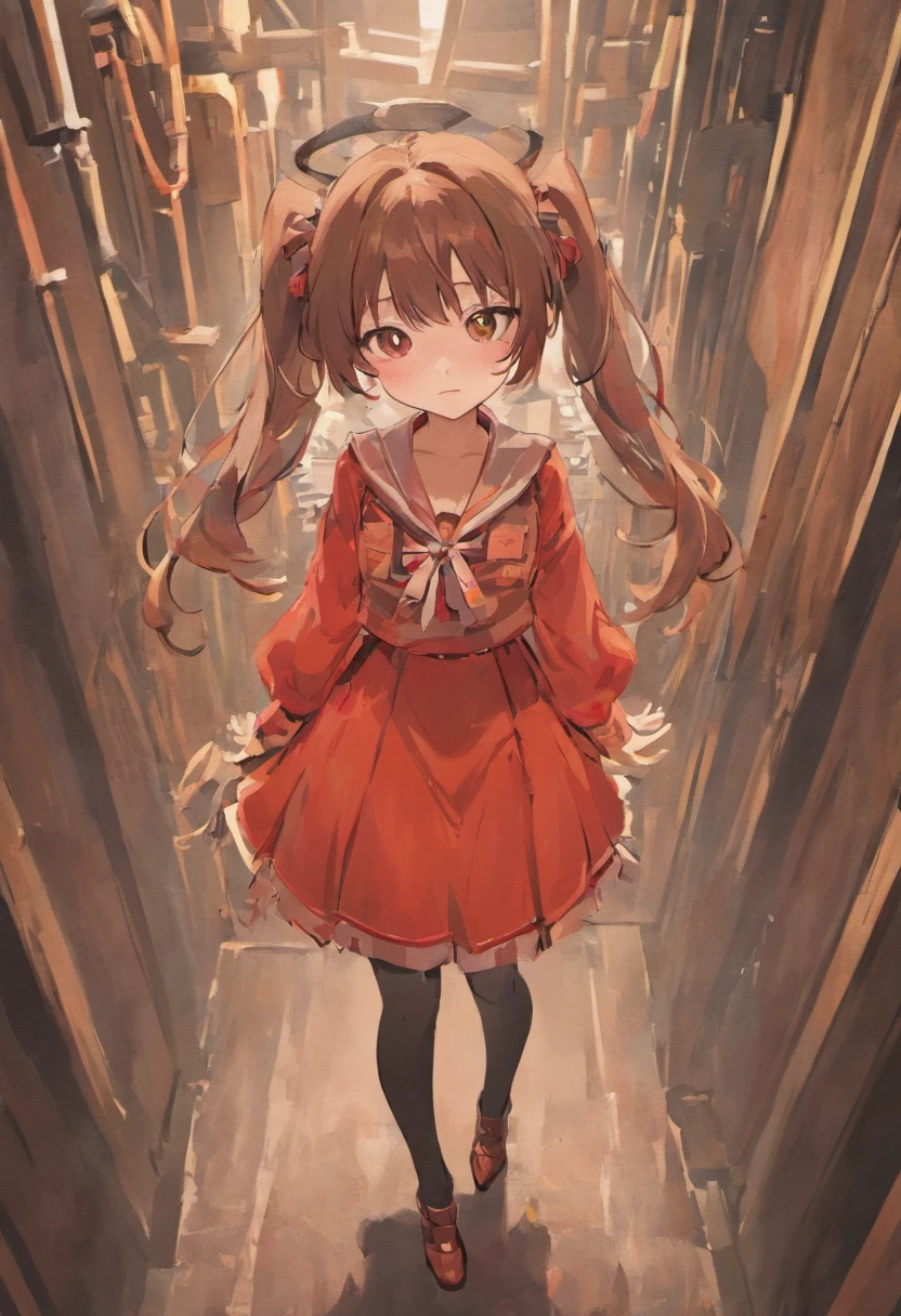 cute girly,Stand up,brown hair,long whitr hair,red color eyes,The shirt,Beige shirt,Strap dress,Blue strap dress,Black stockings,Black leather shoes