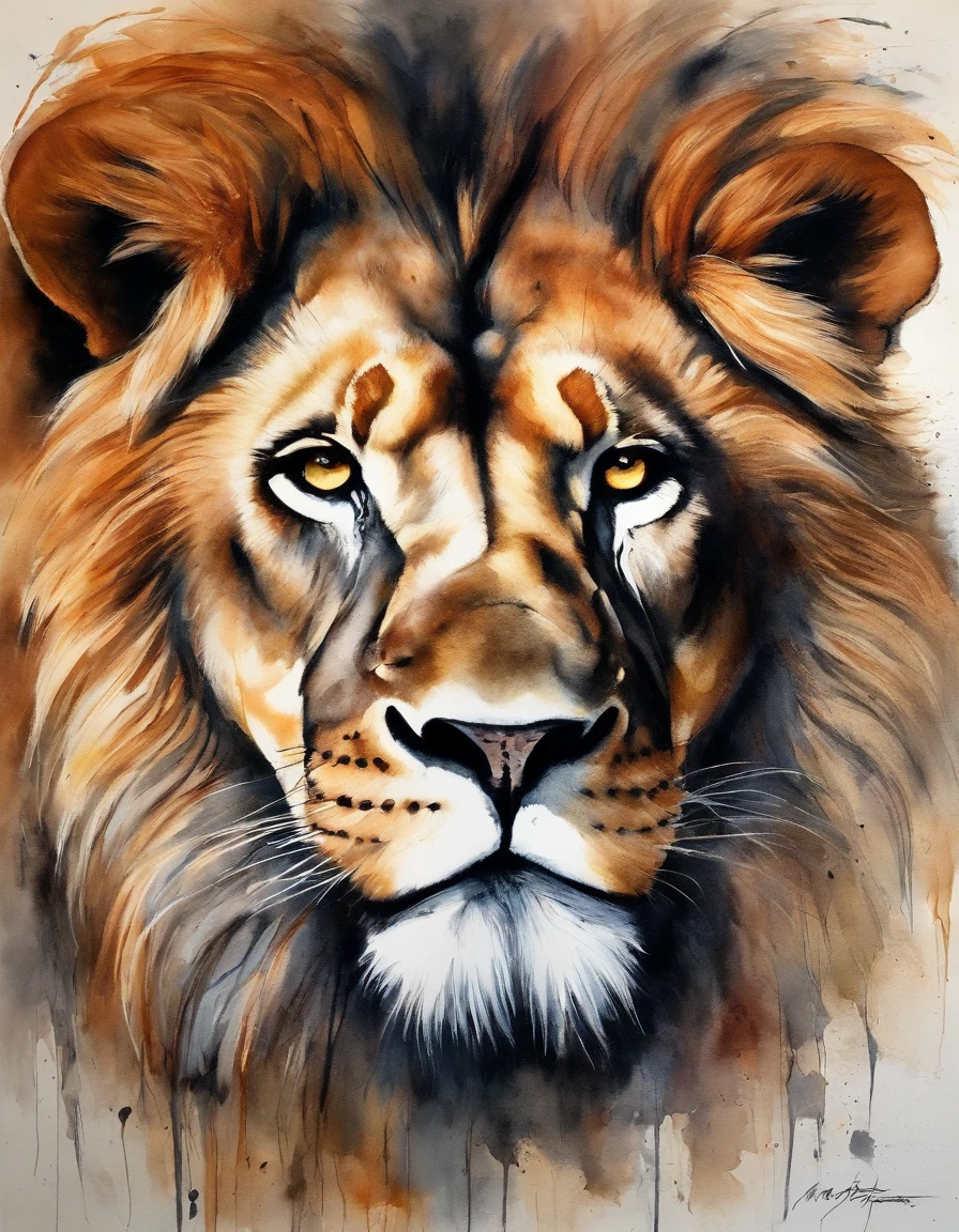 leon vista al frente, boceto inacabado con lineas gruesas y finas, partes dibujadas a lapiz de grafito, colores vibrantes, dramatic illumination, pelo detallado y textura del pelaje, Intense look in the lion's eyes, Attention to muscles and realistic facial expression, detalle extremo en el hocico y los colmillos, impresionante manejo de sombras y luces, Mysterious and atmospheric atmosphere, escala de negros y grises sutiles en el fondo, estilo de arte impactante y llamativo, detalle meticuloso en los paisajes circundantes, Warm colors juxtaposed with cool tones, Dynamic perspective to convey the majesty of the lion.