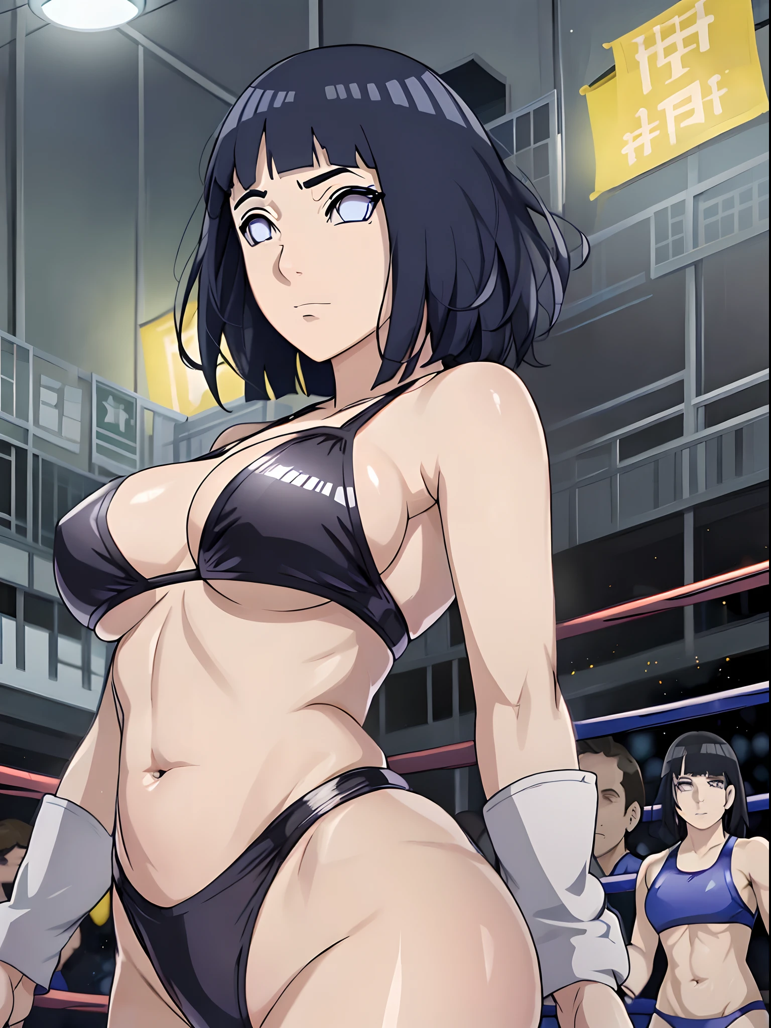 (ultra detailed body, ultra detailed face), solo, anime style, hires ((pro wrestling arena, pro wrestling match, crowd watching)), (hinata\(boruto\), (female wrestler), (slender body), mature woman, milf, (black bikini, ultra detailed pro wrestling gear), victorious, gorgeous, winner, confident face, closed mouth, (pale skin, shiny skin, lighting and shadow), (dark blue hair color:1.1), wavy hair, ((short hair, hime cut, floating hair), big breasts, (fighting stance), (long belly), closed fists, seductive, (perfect eyes, white sciera, bright eyes, white eyes, anime eyes, looking at the viewer)