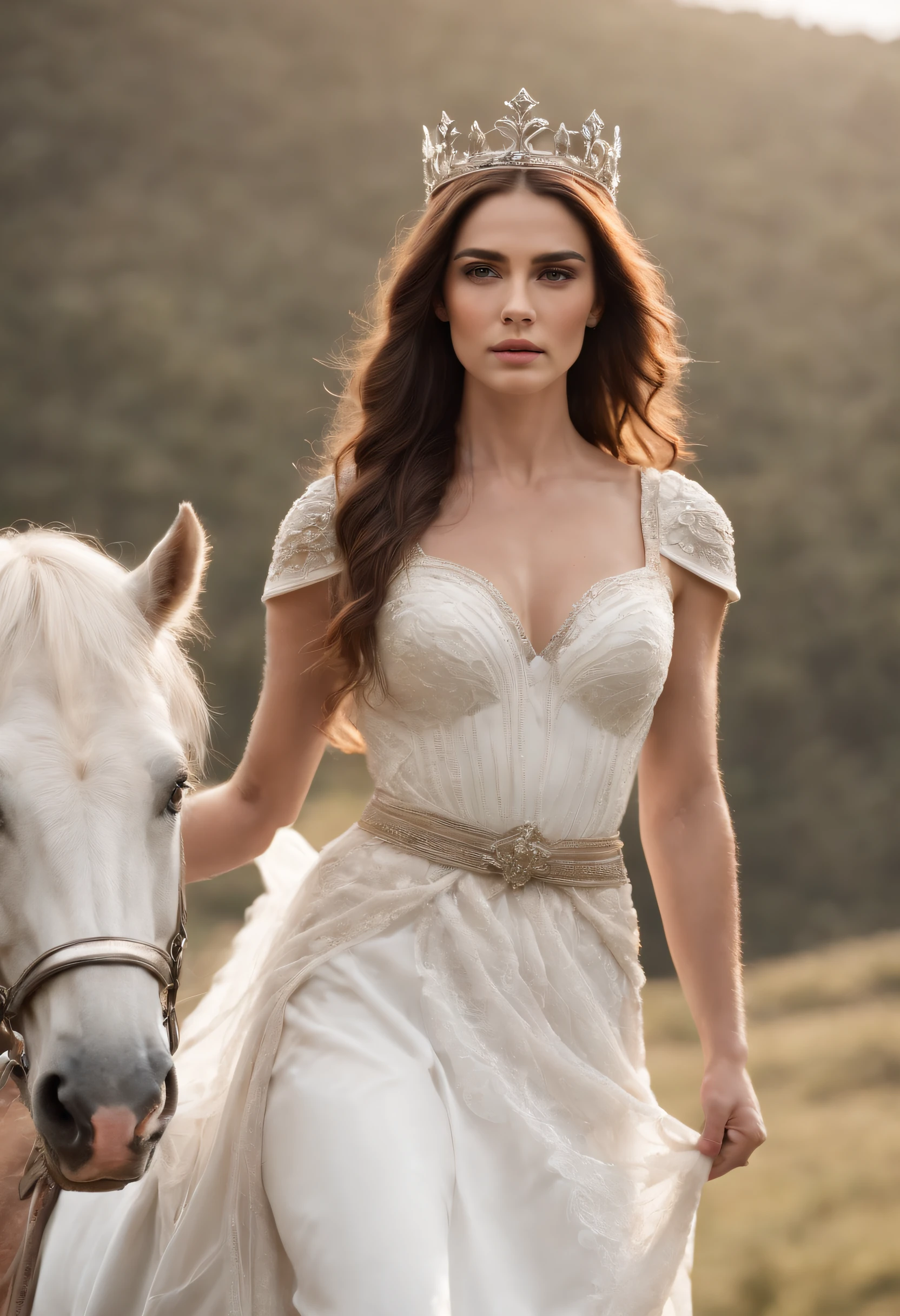 Centauros femininos, Cavalo da mulher, Centauro, An incredible image of a centaur woman with stunning beauty and powerful strength, in a magical and stunning landscape, brunette, hyper detailed, very detailed, hd, super clear, details of hair and pores, on a horse, full body, princess looking, very detailed nature behind her, crown on her head, all white dress