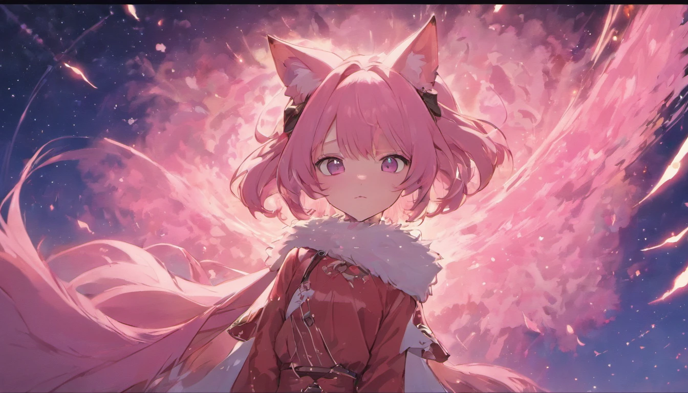 Classic composition，Pink fox anthropomorphism，fang，night sky background，Bright moon，Gorgeous costumes，Pupillary details，Symmetrical pupils，Pupil highlight，Clear lines，Shooting stars cross the night sky