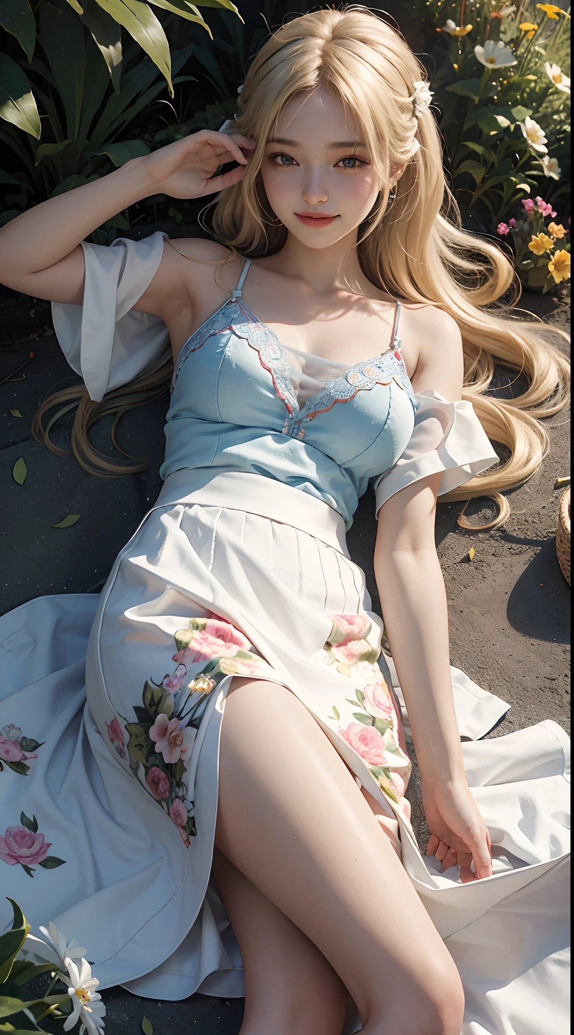 (RAW Photos,4K,tmasterpiece,hight resolution,very intricate)(realisticlying:1.8), 1girll, single focus, Summer noon, thermography, 1990's\(styles\), Outside,(Popping milk 3.8),Blank background,Light blonde hair,Lying in a huge flower garden,Super skirt,Flower hairpins,Squint and smile,Face lighting,Lie down