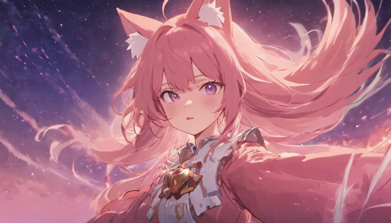 Classic composition，Pink fox anthropomorphism，fang，night sky background，Bright moon，Gorgeous costumes，Pupillary details，Symmetrical pupils，Pupil highlight，Clear lines，Shooting stars cross the night sky