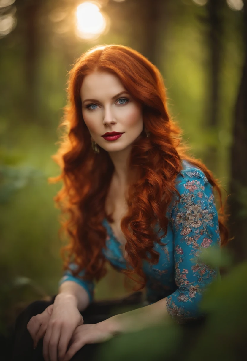I want you to make an image, using my photos as a base, to create an avatar of a full-length woman, in comfortable clothing, with shoulder-length red hair, blue eyes, full mouth, slim waist, pink lipstick on her lips, beautiful and smiling. She must be in the woods.