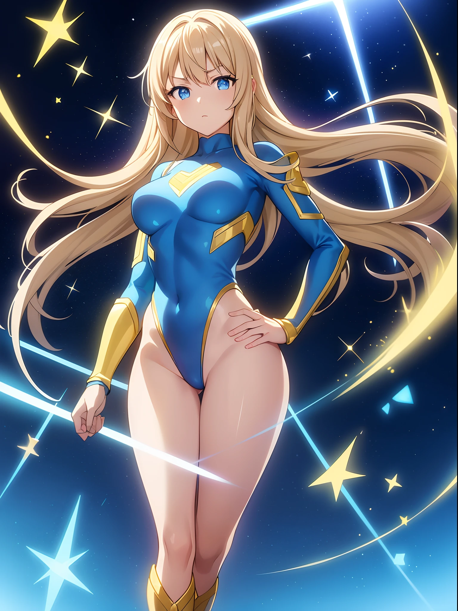 masterpiece, best quality, 1girl, superhero, blue and yellow leotard, bare legs, boots, matching boots, medium breasts, light particles, aura, blue aura, stand, standing, space backdrop, hand on hip, blonde hair, long hair, long sleeves, ankle boots, full body shot, perfect anatomy, star symbol, beautiful detailed eyes, solo