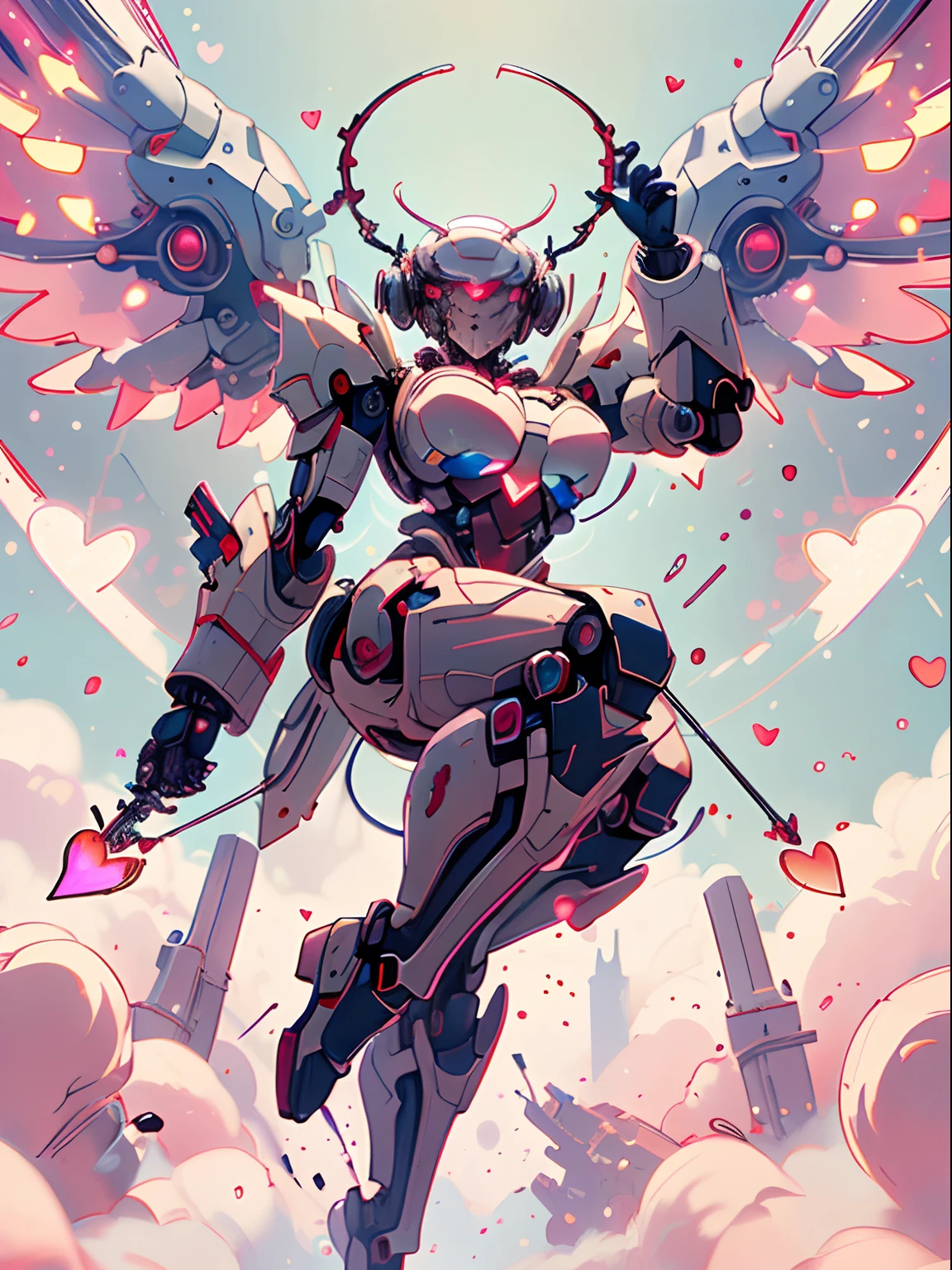 (masterpiece:1.2, best quality:1.2, high quality, highres:1.1), detailed, extremely detailed, 4K, perfect lighting, cupidtech, scifi, mecha girl, dynamic pose, love arrow