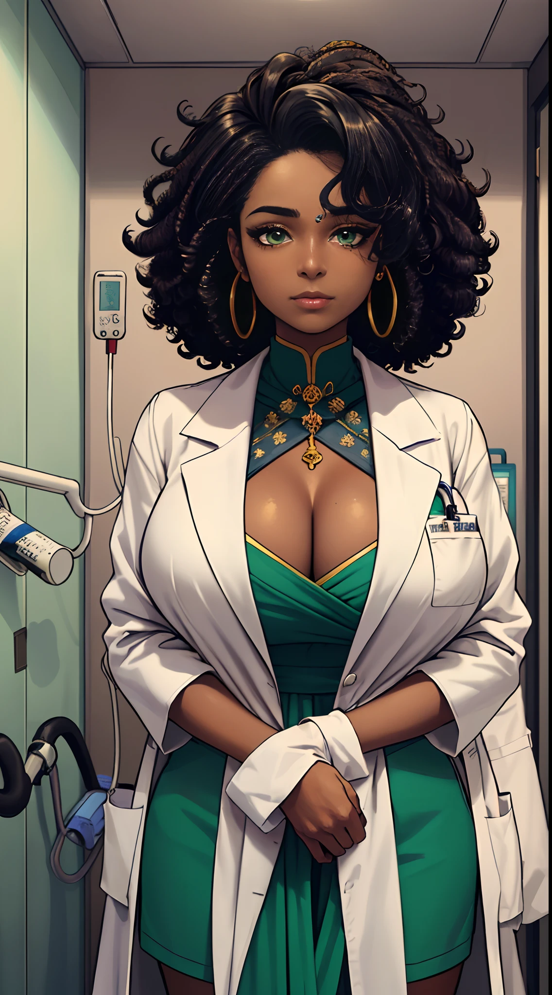 ((Masterpiece, hiquality, absurdress) 1Woman, black hair, curly hair, Afro-curly hair, Green eyes, a perfect face, the perfect body, big breastes, short stature, very dark skin, Hindu woman, 独奏, ((Best Quality)), ((Masterpiece)), (Detailed:1.4), Detailed eyes and face, white robe, Medical Uniform, Doctor's costume, medical doctor, hospital, Emergency Physician