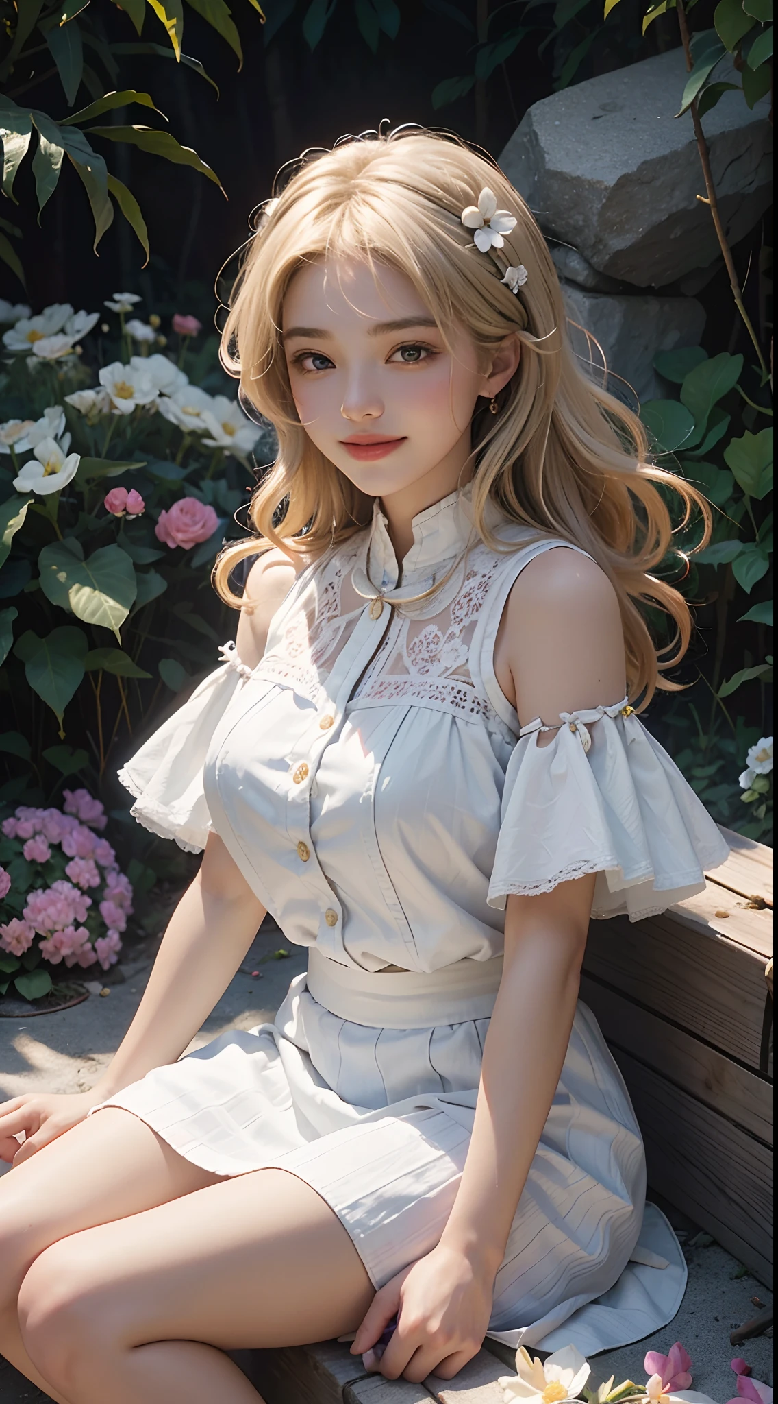 （RAW Photos，4K，tmasterpiece，hight resolution，very intricate）（realisticlying：1.8）， 1girll， single focus， Summer noon， thermography， 1990's\（styles\）， Outside，（Popping milk 3.8），Blank background，Light blonde hair，Lying in a huge flower garden，Super skirt，Flower hairpins，Squint and smile，Face lighting，Lie down