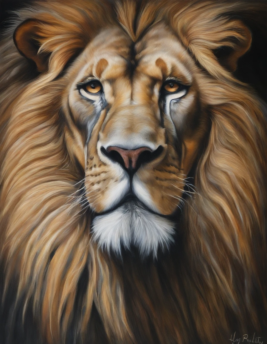 leon rugiendo, vista al frente, boceto inacabado con lineas gruesas y finas, partes dibujadas a lapiz de grafito, colores vibrantes, dramatic illumination, pelo detallado y textura del pelaje en color oro, Intense look in the lion's eyes, Attention to muscles and realistic facial expression, detalle extremo en el hocico y los colmillos, impresionante manejo de sombras y luces, Mysterious and atmospheric atmosphere, escala de negros y grises sutiles en el fondo, estilo de arte impactante y llamativo, detalle meticuloso en los paisajes circundantes, Warm colors juxtaposed with cool tones, Dynamic perspective to convey the majesty of the lion.