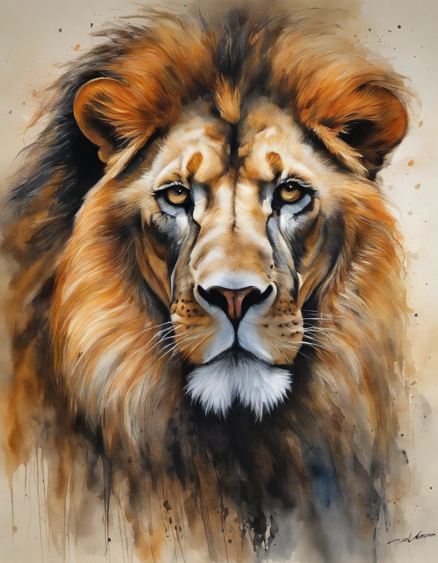 leon rugiendo, vista al frente, boceto inacabado con lineas gruesas y finas, partes dibujadas a lapiz de grafito, colores vibrantes, dramatic illumination, pelo detallado y textura del pelaje en color oro, Intense look in the lion's eyes, Attention to muscles and realistic facial expression, detalle extremo en el hocico y los colmillos, impresionante manejo de sombras y luces, Mysterious and atmospheric atmosphere, escala de negros y grises sutiles en el fondo, estilo de arte impactante y llamativo, detalle meticuloso en los paisajes circundantes, Warm colors juxtaposed with cool tones, Dynamic perspective to convey the majesty of the lion.