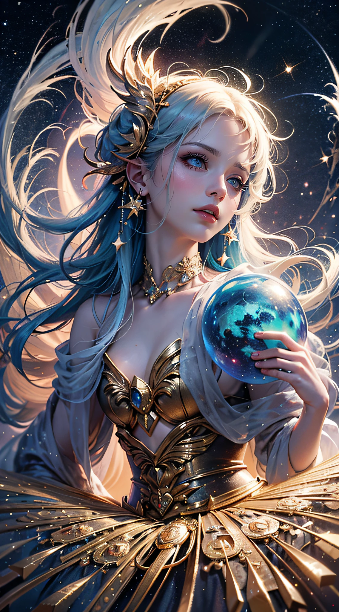 In the midst of a rococo-inspired mysterious singularity event in a still, beautiful woman perfect four fingers, swirls of ethereal mist dance around a suspended crystal orb emitting a soft, pulsating light. This enigmatic scene is captured in a vividly detailed painting, showcasing intricate brushwork and rich, vibrant colors. The orb itself exudes an otherworldly luminosity, casting a mesmerizing glow that seems to transcend the confines of the canvas. Surrounding the orb, delicate tendrils of energy reach out like spectral fingers, creating an atmosphere of supernatural wonder and intrigue. The overall effect is one of awe-inspiring beauty and mystique, drawing the viewer into a realm where magic and science intertwine in perfect harmony.