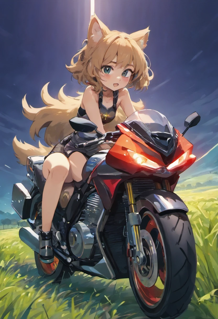 art by dagasi,(best quality,4k,highres,masterpiece:1.2), (back view:1.3), (furry girl sitting on a motorcycle in a field at night:1.5), wearing shorts and a bikini top, wallpaper, very detailed, ultra definition, (vivid colors:1.1), (sharp focus:1.1), (physically-based rendering:1.1), (extreme detail description:1.1), (bokeh:1.1).