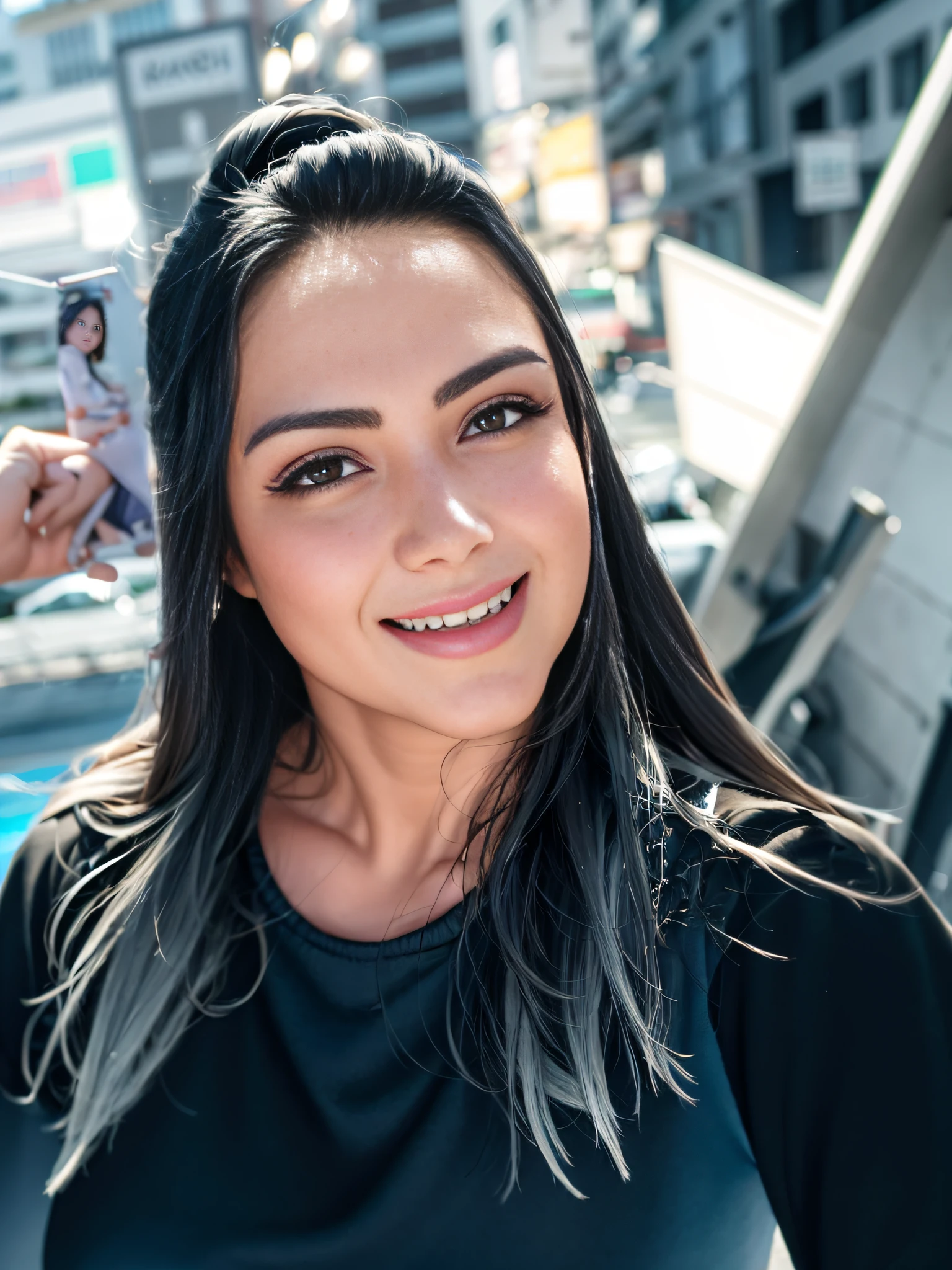 1mulher de corpo inteiro, smiling with long hair and black top standing in front of a building, Lorena Avarez, Directed by: Nandor Soldier, imagem de perfil, Alanis Guillen, foto de perfil headshot, by Amelia Peláez, Marischa Becker, fernanda suarez, Karla Ortiz, Malika Favre, julia fuentes, Directed by: Emma Rios, andrea rocha