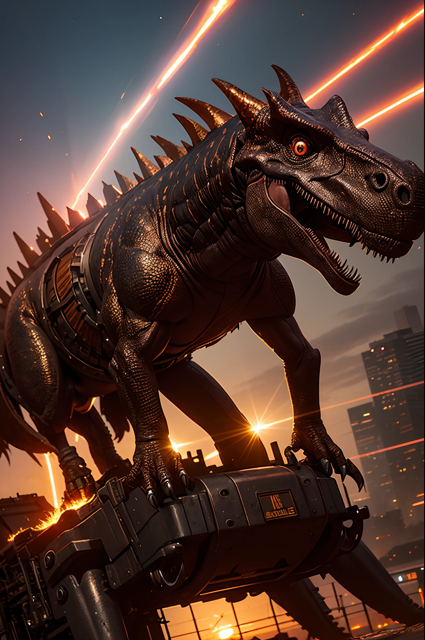 dinosaur rex, iron man armor, detailed, realistic, in a devastated new iroquo city, photorealistic