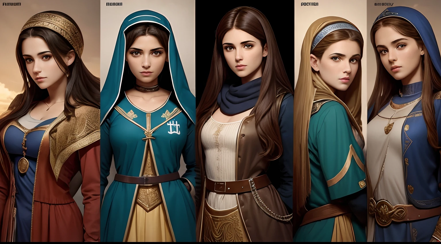 crie uma imagem de nove mulheres israelitas com poucos adornos e vestes israelitas, first-century women