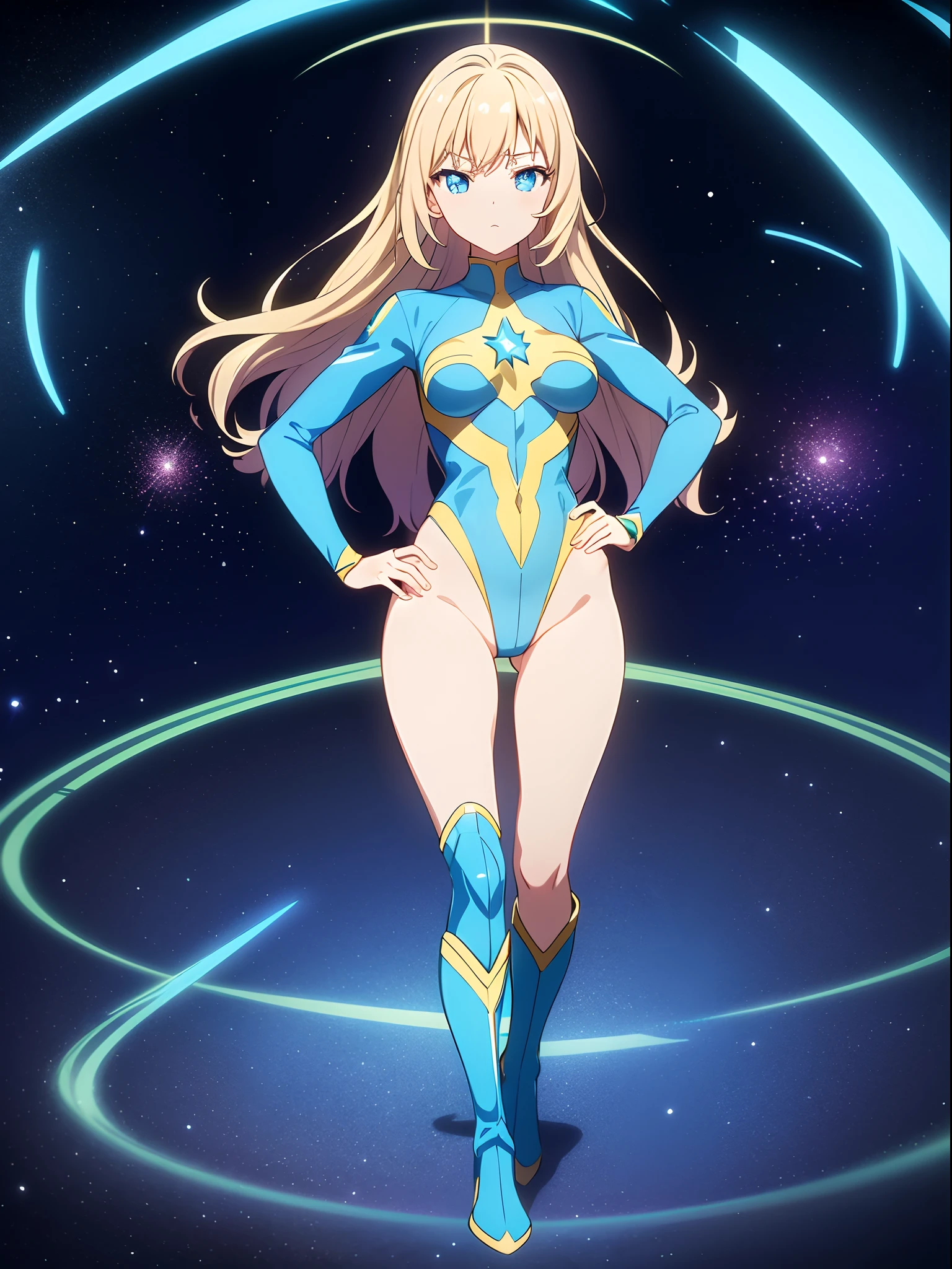 masterpiece, best quality, 1girl, superhero, blue and yellow leotard, bare legs, boots, matching boots, medium breasts, light particles, aura, blue aura, stand, standing, space backdrop, hand on hip, blonde hair, long hair, long sleeves, ankle boots, full body shot, perfect anatomy, star symbol, beautiful detailed eyes, solo