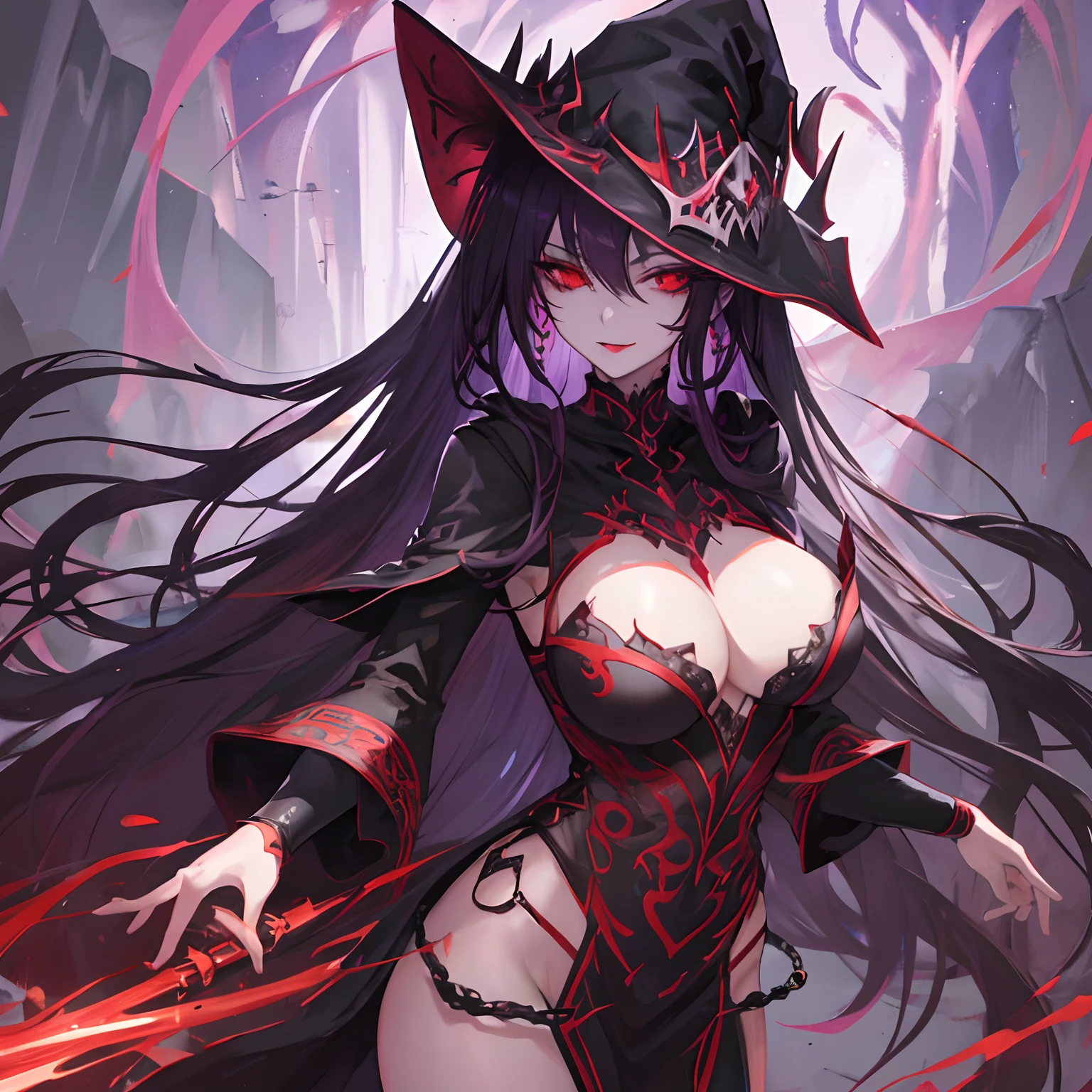 Woman, long dark purple hair, red eyes with a bright light, black long open dress, witch, silver jewelry in the shape of ribs, metal mask on half of the face, black lipstick