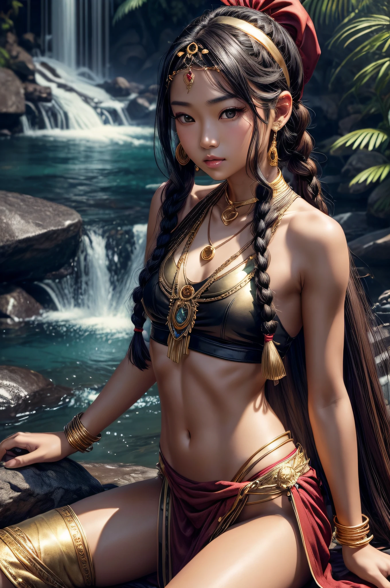 ((small chest:1.4)), beautiful Asian woman, (original, soft lighting:1.2), (realistic:1.3) (mixed Korean), beautiful girl with beautiful details, extremely detailed eyes and face, eyes with beautiful details, absurd, incredibly absurd, huge file size, ultra detail, high resolution, ultra detailed, best quality, masterpiece, illustration, ultra detailed and beautiful, ultra detailed, CG, unity, 8k wallpaper, amazing, fine Detail, masterpiece, top quality, official art, extremely detailed CG unity 8k wallpaper, cinematic lighting, (perfect shiny skin:0.6), slim and smooth lines, (floating),(spread legs:1.1), ,1girl, solo, solo focus, ), black hair, twin braids, ((red loin cloth)), gold headband front, golden necklace on the chest, gold bracelet with gems, (black crop top), Loin Cloth Silk, Background Waterfall