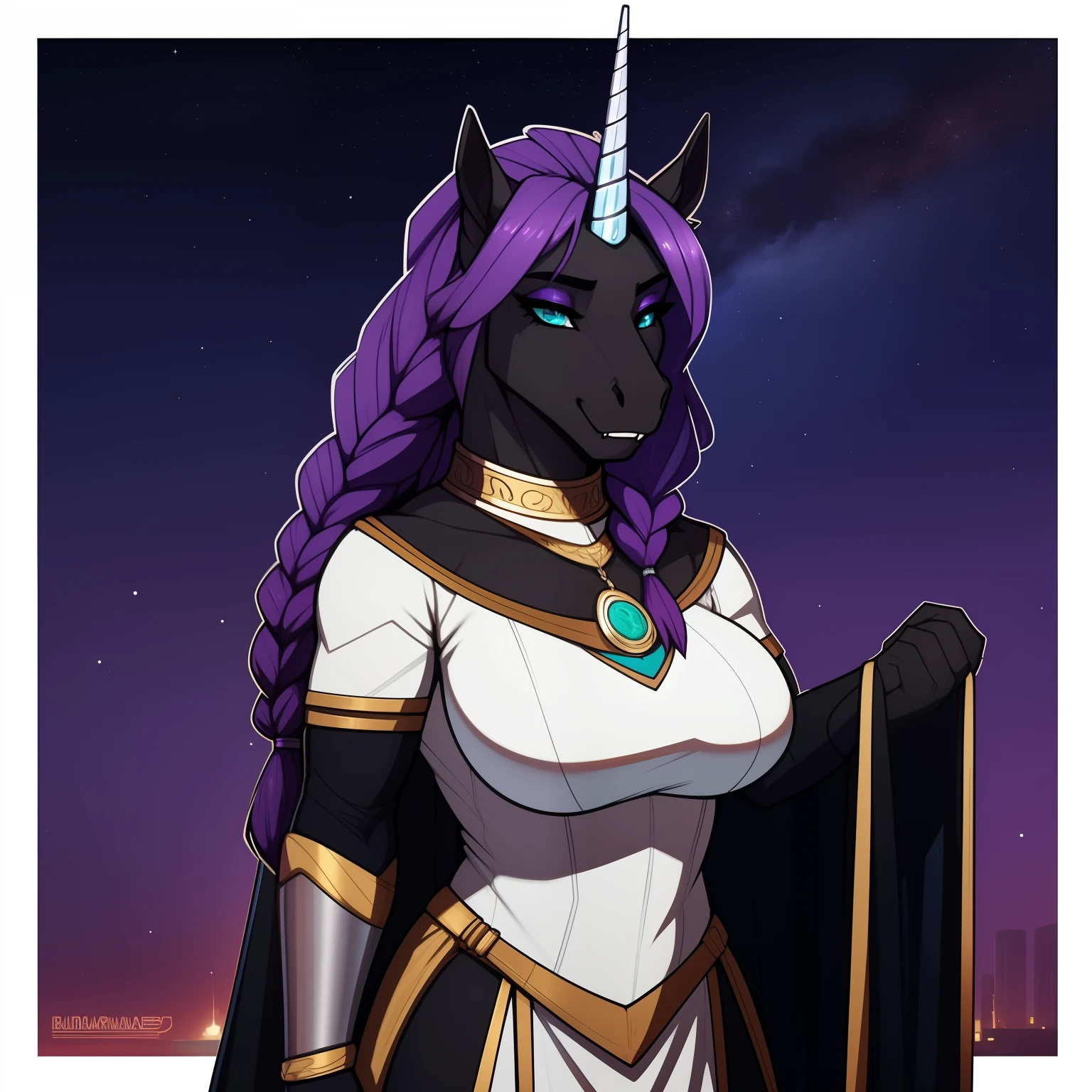 Tall_lanky_muscular_unicorn_with_black_horn full_breasts female dark_purple_hair wavy_braided_hair black_furry_body bat_wings teal_eyes slit_pupils solo Masterpiece best_quality absurdres highly_detailed medieval_gown silver_gorget thick_silver_circlet silver_bracers cleanly_drawn_eyes fangs bat_wings purple_eyeshadow starry_sky stars_in_hair horse_snout anthro_only by_claweddrip, by_greasymojo, by_underscore-b, by_runawaystride
