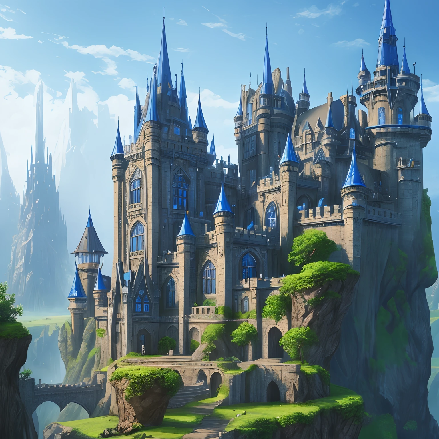 A closeup of a blue castle with a lot of windows in it, detailed fantasy art, fantasy architecture, detailed digital fantasy art, highly detailed fantasy art, high fantasy blue castle, detailed matte fantasy painting, detailed fantasy illustration, 2D detailed digital fantasy art, medieval fantasy art, blue epic castle with high spires, 4K Fantasy Art, Symmetrical Epic Fantasy Art, High Fantasy Illustration
