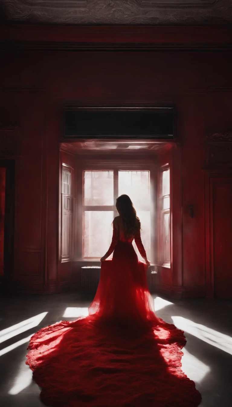 Blood red room, Flashing TV screen, 1girll, cabelos preto e longos, with hair dishevelled, Cover one eye and face, A red glowing eye is revealed, Dressed in a white transparent robe, Looming full breasts, Half of the body is stuck in the TV screen, Stretch out your hands and straighten out, Red nails are exposed, Pinch the camera, UHD, anatomically correct, textured skin, super detail, high details, high quality, highres, 8k, UHD, anatomically correct, textured skin, super detail, high details, high quality, best quality, 8k,leishenlp,room2,horror