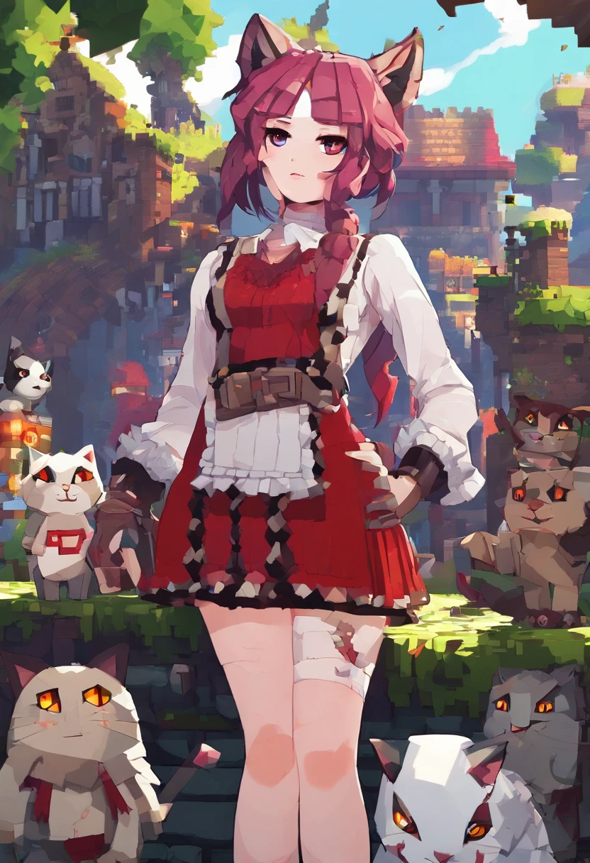 (high quality,4k,8k,highres,masterpiece:1.2),ultra-detailed,realistic,beautiful detailed eyes,beautiful detailed lips,extremely detailed eyes and face,long eyelashes,1cat girl,red long hair,gothic,mini skirt,black long sleeve shirt,red eyes,anime style,vivid colors,soft lighting
