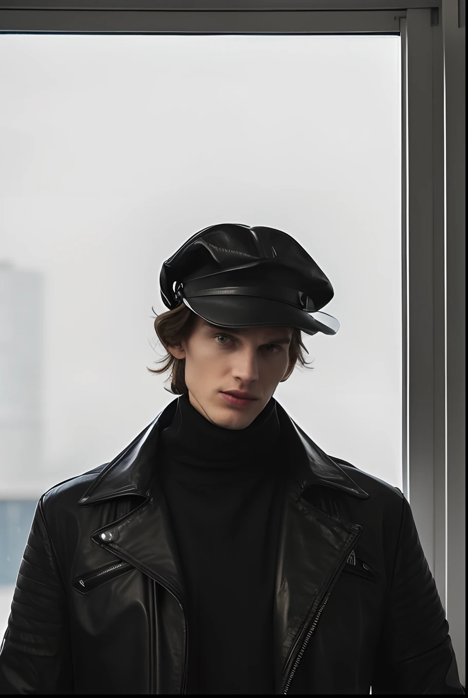 Tall guy in black leather jacket and hat, standing in front of the window