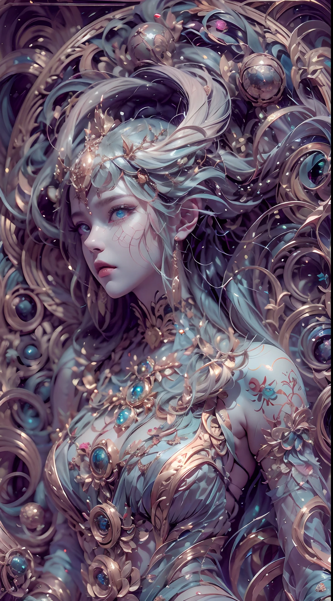 （best qualtiy，ultra - detailed，Most Best Illustration，Best shadow，tmasterpiece，A high resolution，professionalartwork，famousartwork），Sky blue picture style，Detailed eyes，beautidful eyes，closeup cleavage，sci-fy，colored sclera，Robot eyes，face markings，Tattooed with，（fractalized，Fractal eyes），largeeyes，Wide eyes，（Eye focus），sface focus，Cosmic eyes，Space eyes，Close-up of metal sculpture of a woman with a moon in her hair，goddes。extremly high detail，3 d goddess portrait，Extremely detailed footage of the goddess，a stunning portrait of a goddess，Side image of the goddess，portrait of a beautiful goddess，Full body close-up portrait of the goddess，hecate goddess，portrait of a norse moon goddess，goddess of space and time，PureErosFace_V1，Urzang-6500-V1 Edition.1，