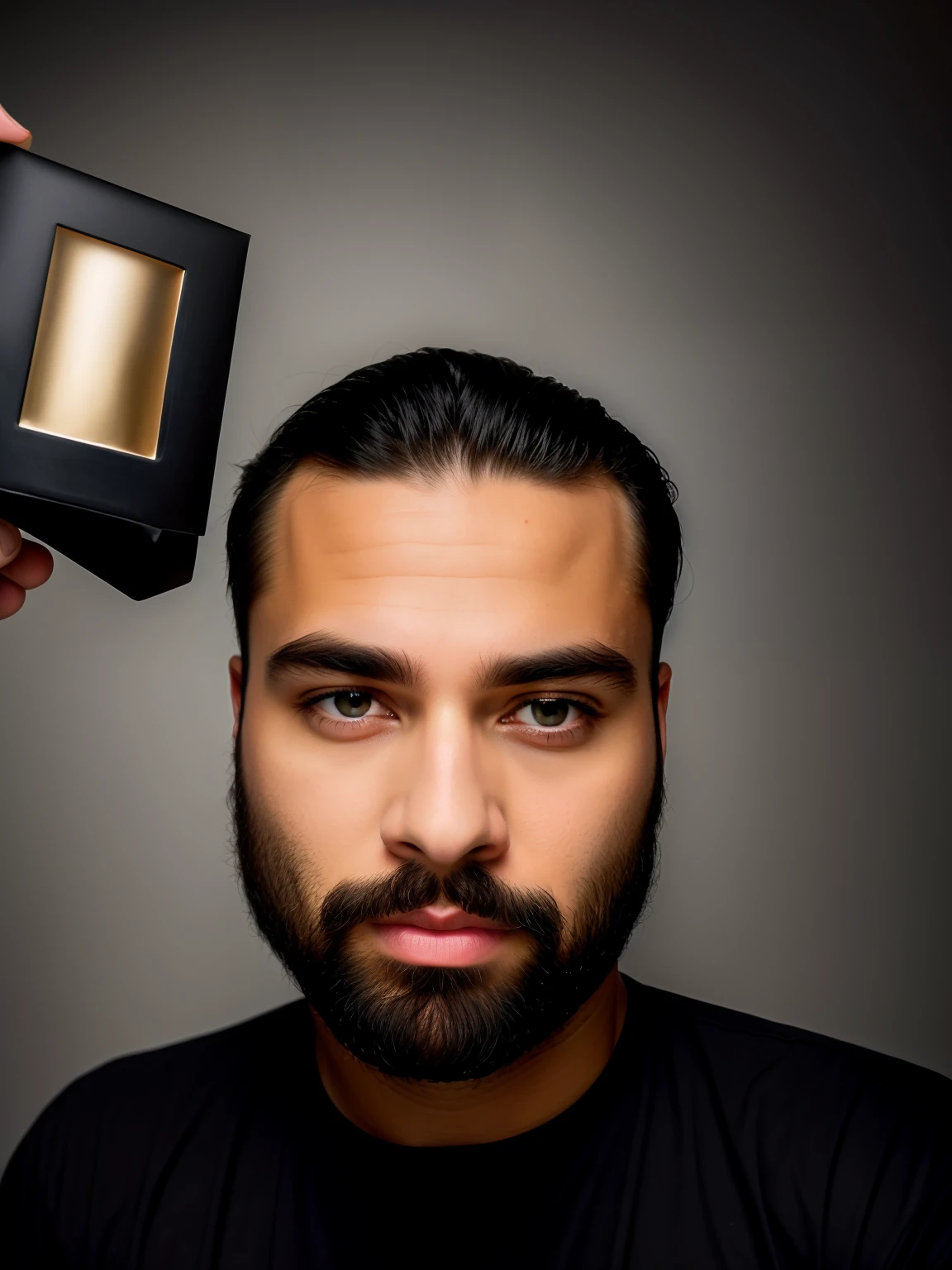 Remove the background and add there a realistic black background.make the hair very long and styly bring beard smooth face and some magical elements into it like e king