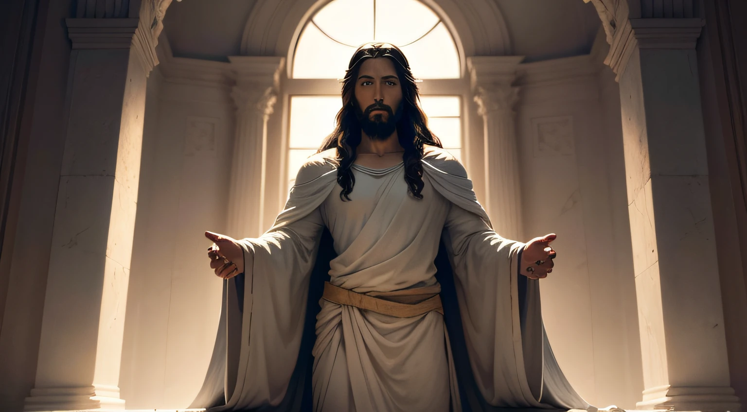 high-resolution image of Jesus Christ that is a respectful and inspiring representation of His figure. The image should capture the serenity and compassion of Jesus, com detalhes realistas e uma atmosfera divina. Highlight Your kind expression and compassionate look. The scene can be set in a biblical setting or in a context that conveys the message of love and hope that Jesus represented throughout His life. The image should be in color and provide a sense of peace and reverence. Por favor, Make sure the resolution is at least 3000x4000 pixels to ensure the quality of the final image."