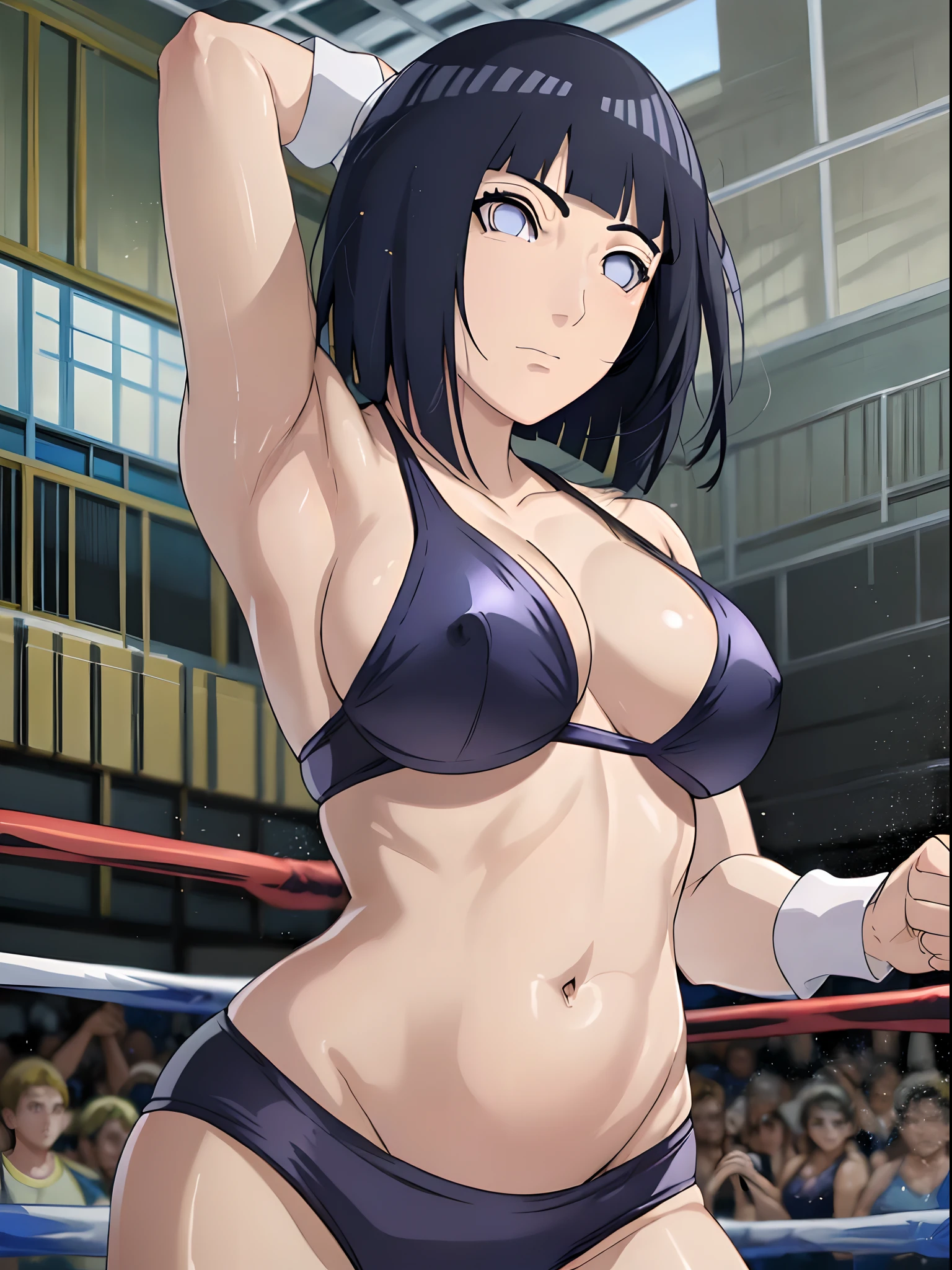 (ultra detailed body, ultra detailed face), ((solo)), anime style, hires, ((pro wrestling arena, pro wrestling match, crowd watching)), (hinata\(boruto\), (female wrestler), (slender body, broad shoulders, shaved armpit), mature woman, milf, (black bikini, ultra detailed pro wrestling gear, armbands), victorious, gorgeous, winner, confident face, closed mouth, (pale skin, shiny skin, lighting and shadow), (dark blue hair color:1.1), wavy hair, ((short hair, hime cut, floating hair), big breasts, ((warming up)), (long belly), (closed fists), seductive, (perfect eyes, white sciera, bright eyes, white eyes, anime eyes, looking at the viewer)