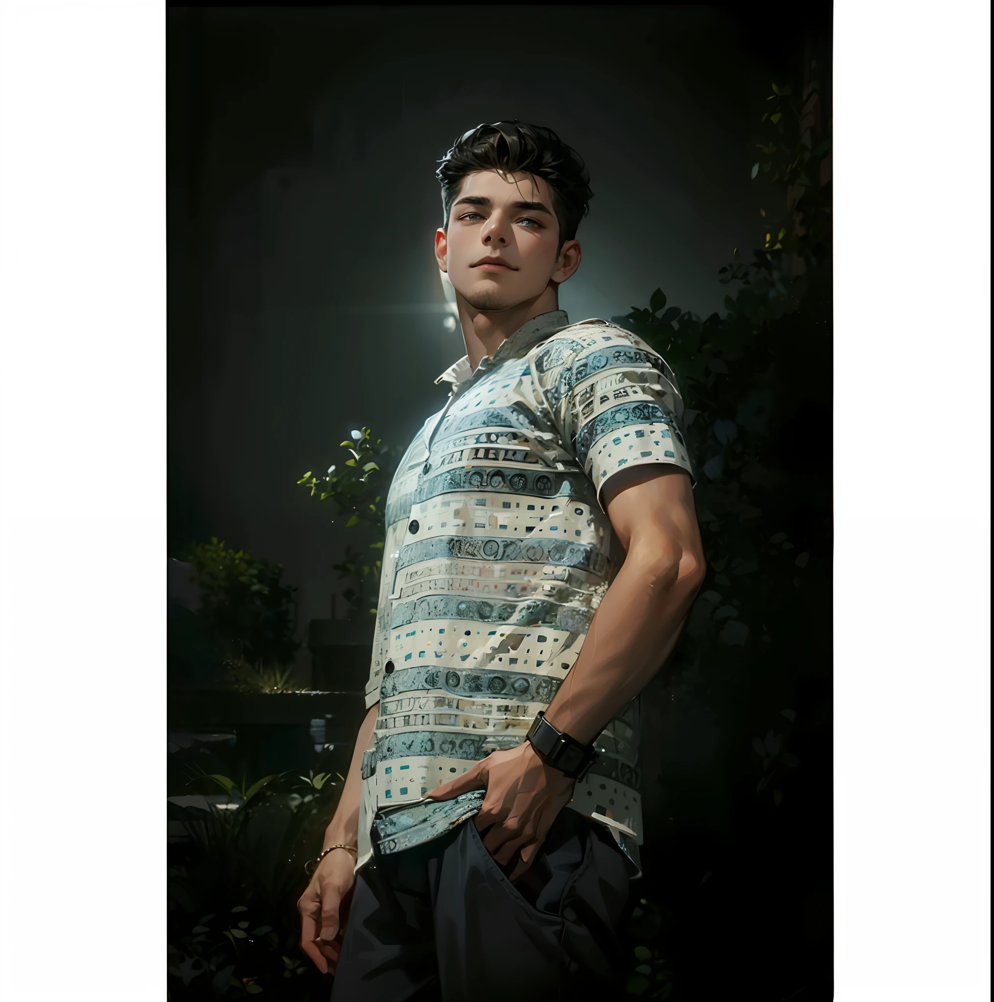 (absurdres, highres, ultra detailed, HDR), masterpiece, best quality, 1boy, handsome, short hair, finely eye and detailed face, (white t-shirt), (jean jacket), dimple, forehead, night street, night city, midnight, selfie shot, light smile
