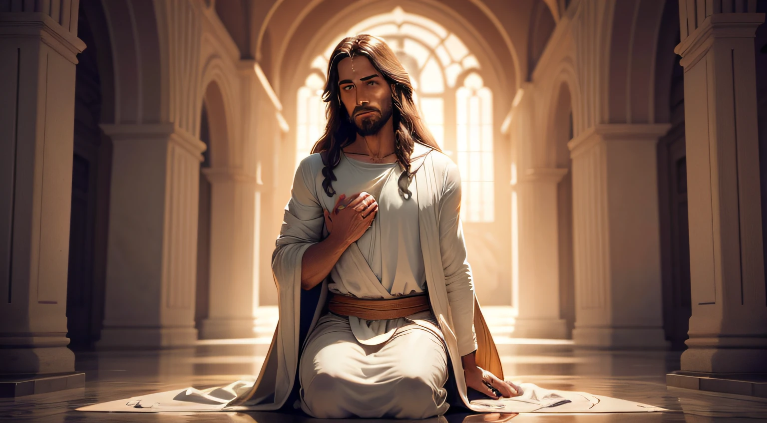 high-resolution image of Jesus Christ that is a respectful and inspiring representation of His figure. The image should capture the serenity and compassion of Jesus, com detalhes realistas e uma atmosfera divina. Highlight Your kind expression and compassionate look. The scene can be set in a biblical setting or in a context that conveys the message of love and hope that Jesus represented throughout His life. The image should be in color and provide a sense of peace and reverence. Por favor, Make sure the resolution is at least 3000x4000 pixels to ensure the quality of the final image."