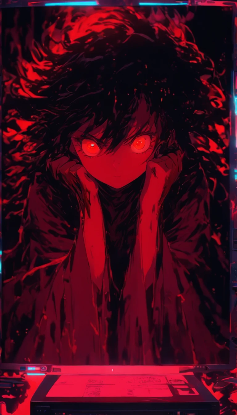 Blood red room, Flashing TV screen, 1girll, cabelos preto e longos, with hair dishevelled, Cover one eye and face, Bright red eyes, Wearing a white transparent robe, Looming full breasts, Half of the body is stuck on the TV screen, reaching out her hands,Straighten your body, Red nails are exposed, Pinch the camera, hyper HD, Anatomically correct, Textured skin, Super detail, High details, High quality, A high resolution, 8K, hyper HD, Anatomically correct, Textured skin, Super detail, High details, High quality, Best quality, 8K,Leishnampo,Room 2,Horror