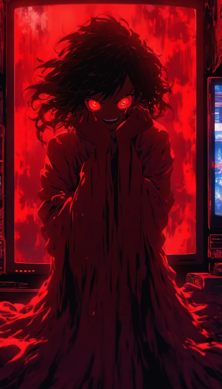 Blood red room, Flashing TV screen, 1girll, cabelos preto e longos, with hair dishevelled, Cover one eye and face, Bright red eyes, Wearing a white transparent robe, Looming full breasts, Half of the body is stuck on the TV screen, reaching out her hands,Straighten your body, Red nails are exposed, Pinch the camera, hyper HD, Anatomically correct, Textured skin, Super detail, High details, High quality, A high resolution, 8K, hyper HD, Anatomically correct, Textured skin, Super detail, High details, High quality, Best quality, 8K,Leishnampo,Room 2,Horror
