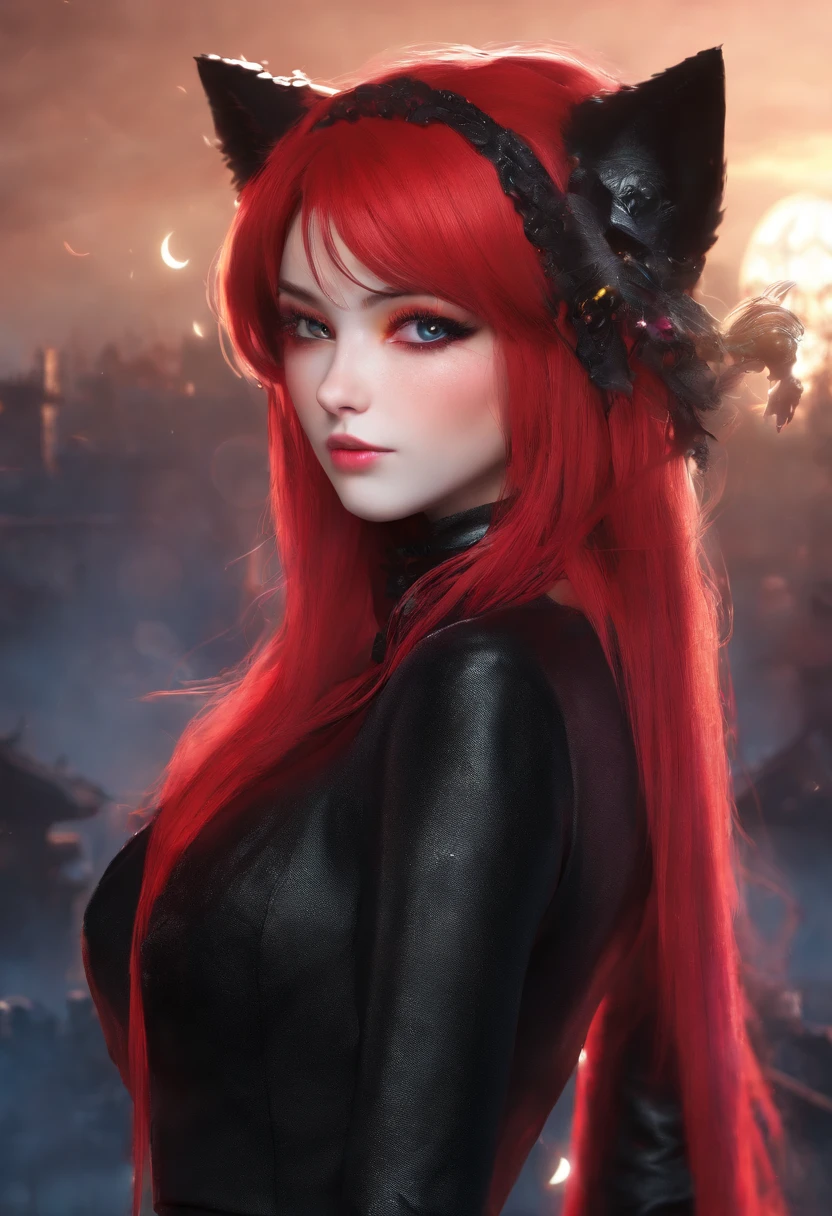 cat girl,red long hair,gothic,mini skirt,black long sleeve shirt,red eyes,anime style,metallic look,moonlight,gritty texture,dark background,mysterious atmosphere,vivid colors(beautiful contrast between the red hair and black clothing),sharp focus(intense details on the face and clothing),ultra-detailed eyes and face(best quality),long eyelashes,confident pose,expression with a hint of mystery,surrounded by mist,ethereal glow,haunting beauty,soft lighting.