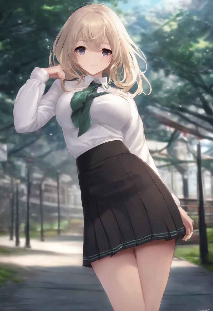 Big boob anime schoolgirl tight white sweather, black skirt