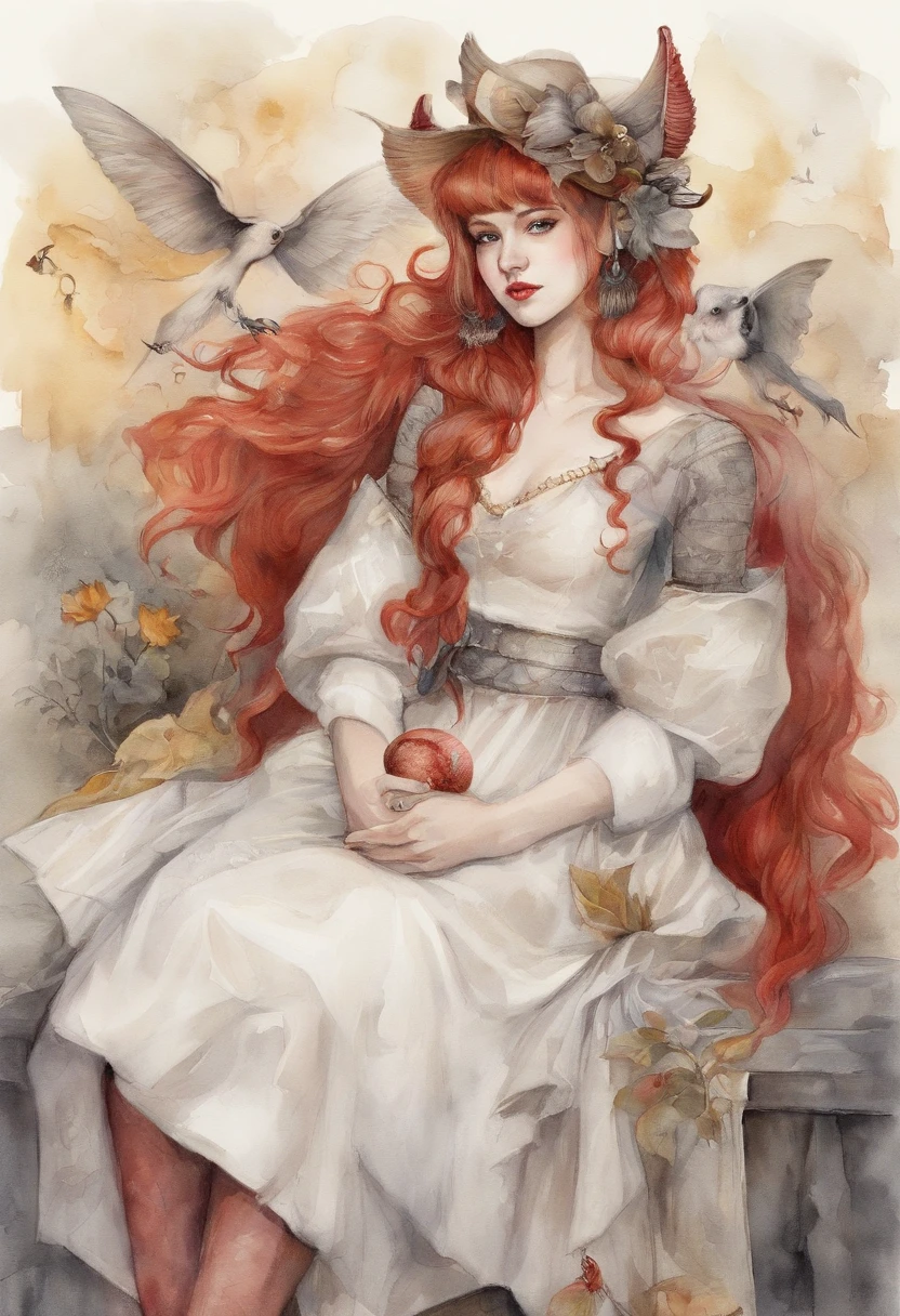 masutepiece, Best Quality, 1girl in, Solo, Yellow eyes, Red hair, tiny chest, Demon Girl, demon tail, Demon Wings, small demonic horns, pointy ear, (tiny chest), (flat chest), Twin-tailed, Bat hair ornament, Cape, White shirt, White legwear, stuffed toy, Plush toys, beret, gloves, Bangs, hat